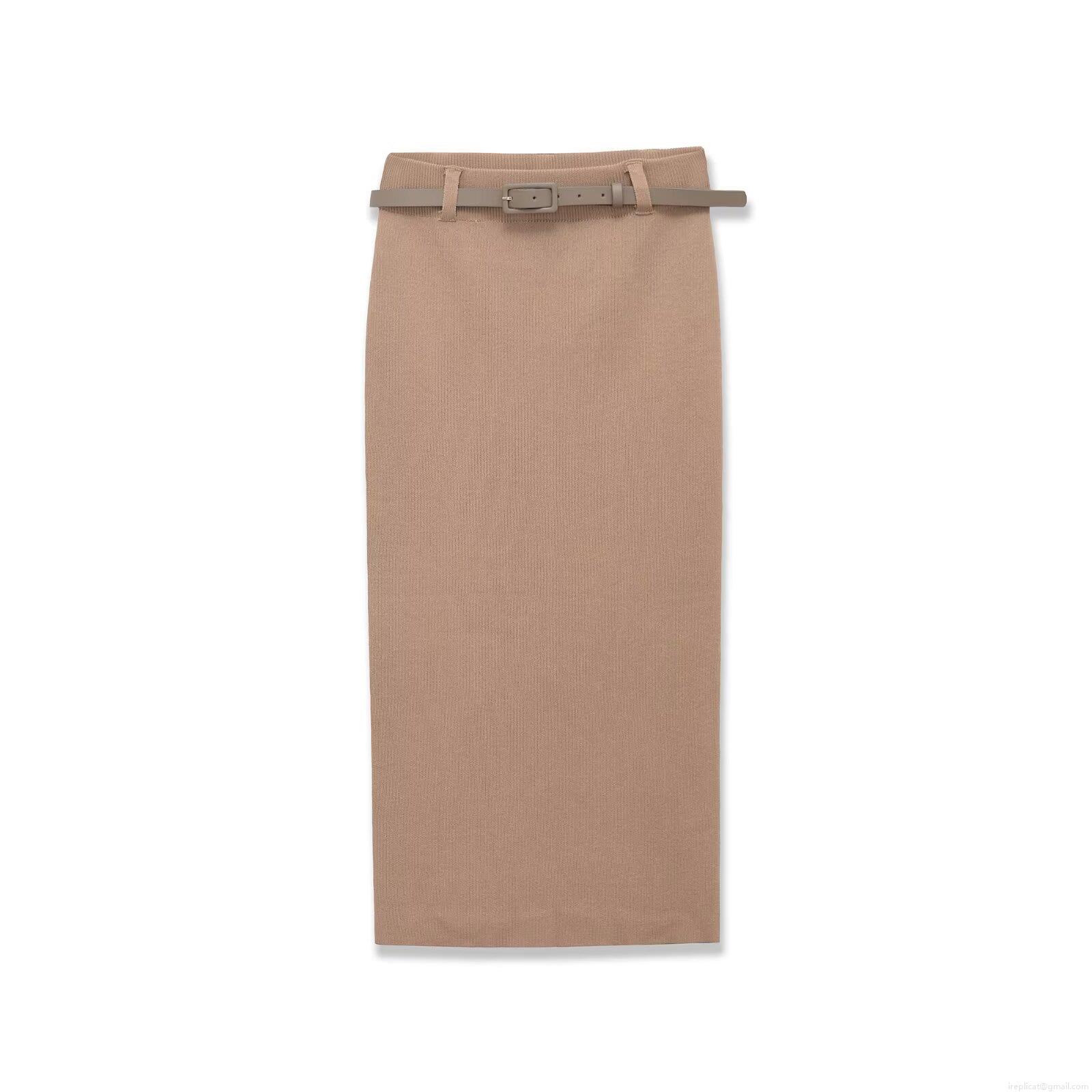Women's Knitted Straight Midi Skirt With Belt High Slit Back Solid Color Western Streetwear Ribbed Pencil Skirt Polyester Spring Fashionable Bottoms