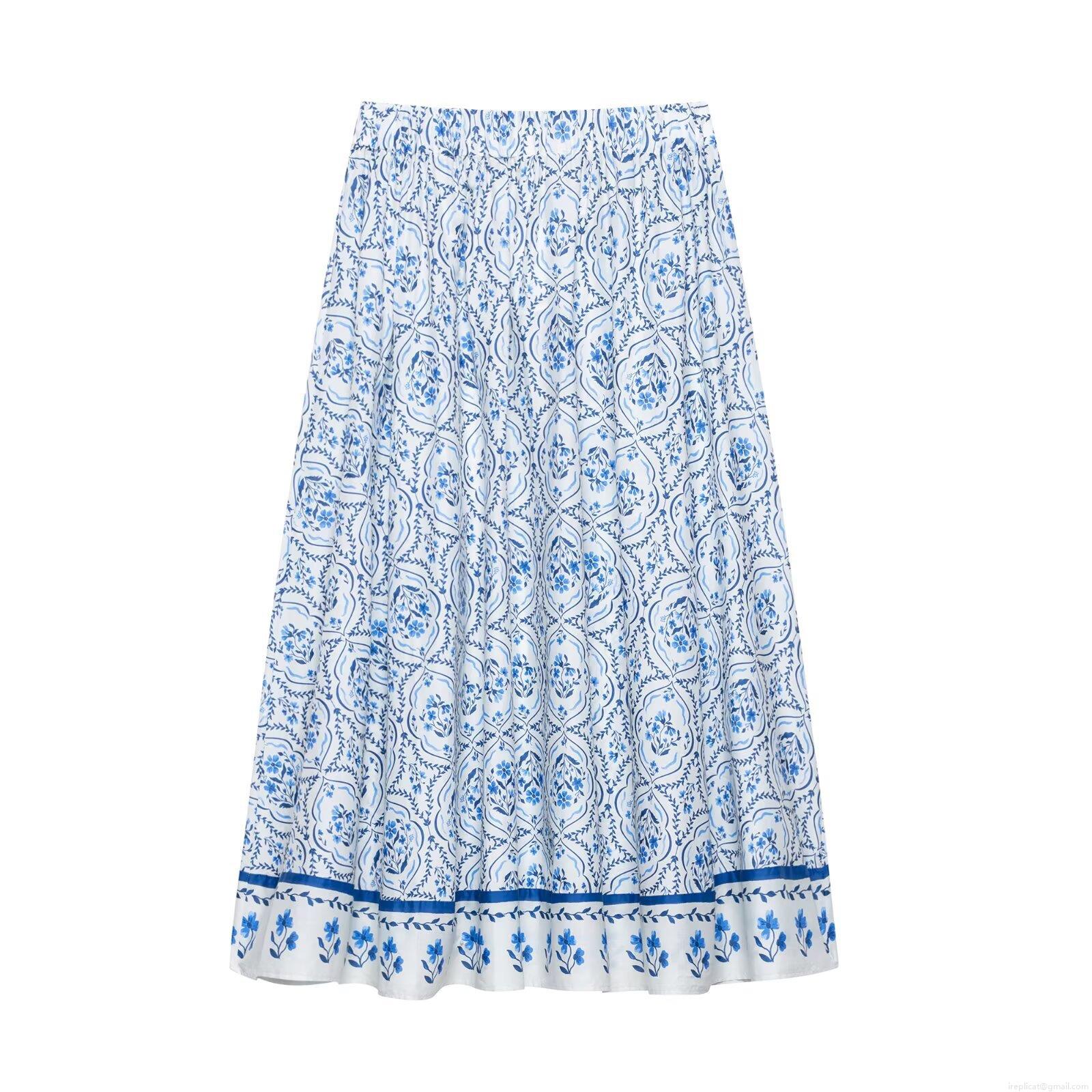 Women's High Waist Chinoiserie Blue and White Floral Print Midi Skirt Elastic Waist A-Line Umbrella Skirt Casual Summer Vacation Flowy Long Skirt
