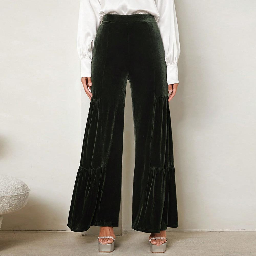 Women Elegant Gold Velvet Wide Leg Pants High Waisted Ruffle Flowy Loose Velvet Trousers Solid Color Long Pants For Office Party Ladies