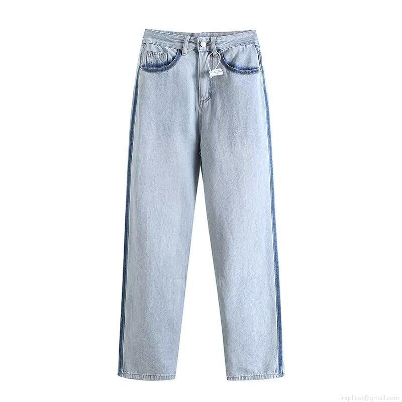 Women's Fashion Washed Denim Straight Leg Jeans With Contrast Side Stripes Street Style High Waist Long Denim Pants For Ladies
