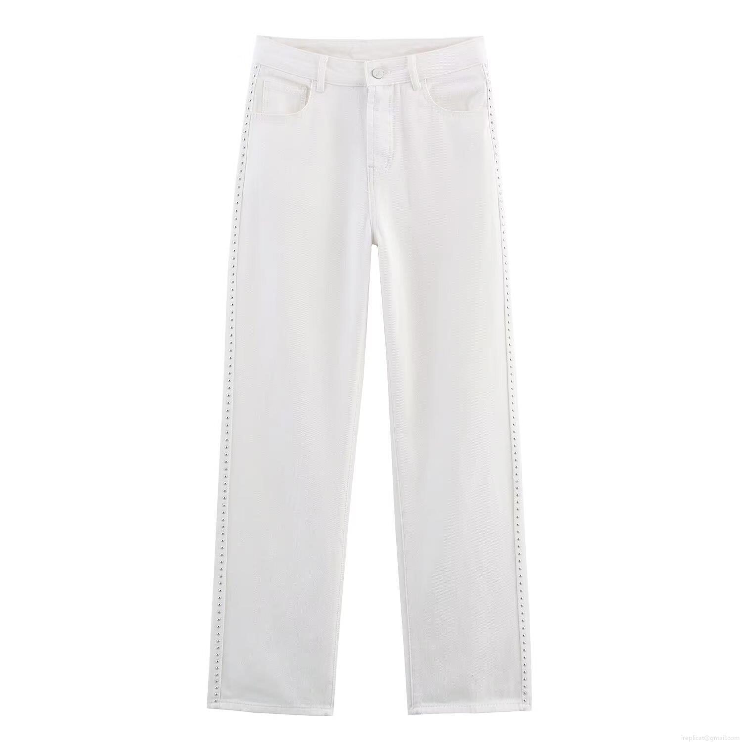 Women's Summer Rivet Studded White Straight Leg Jeans Casual Loose Fit Denim Polyester Blend Pants High Street Style For Women