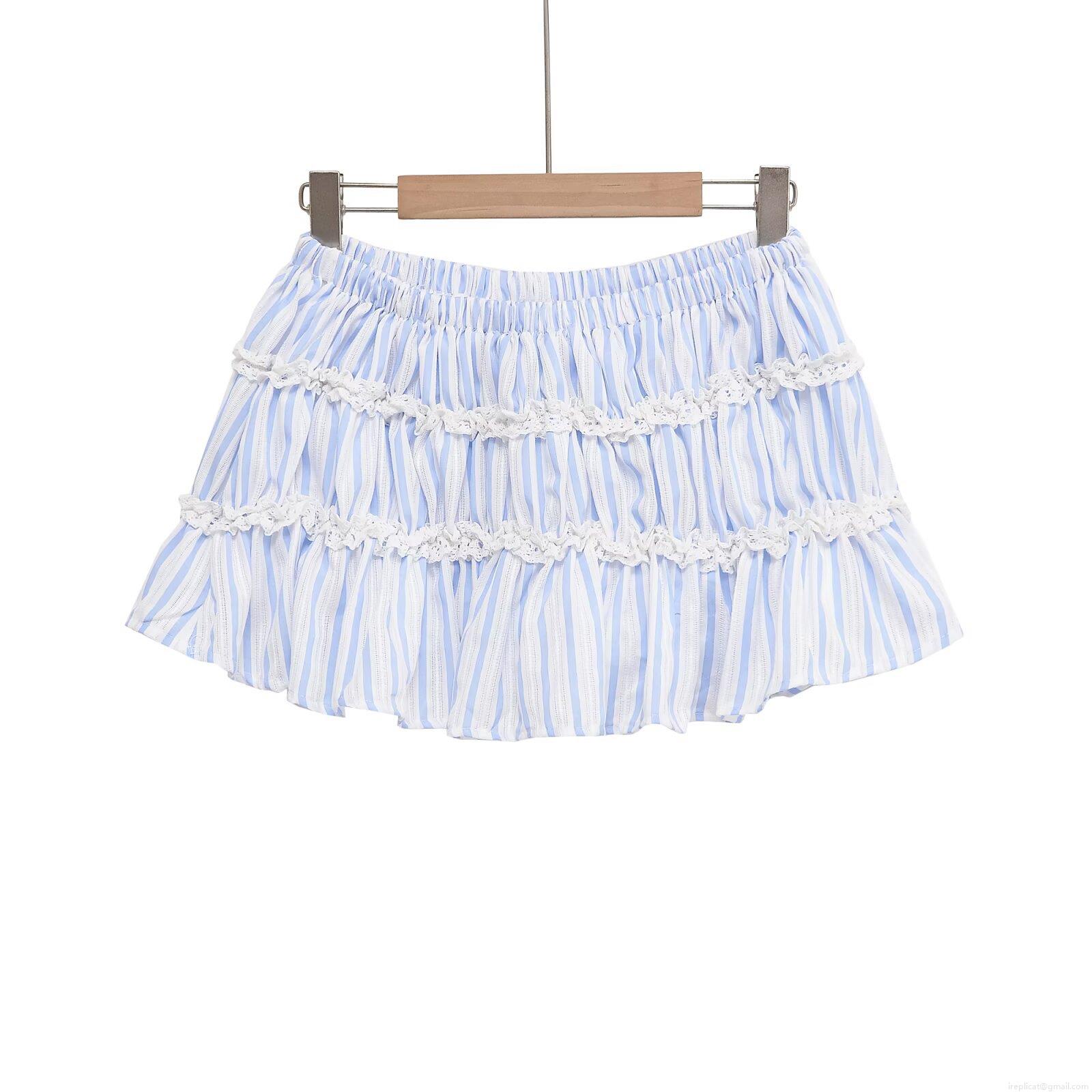 Women's Summer Light Blue Striped Mini Skirt Sweet Lace Patchwork Ruffle Tiered Skirt Elastic High Waist Casual Beach Streetwear For Ladies