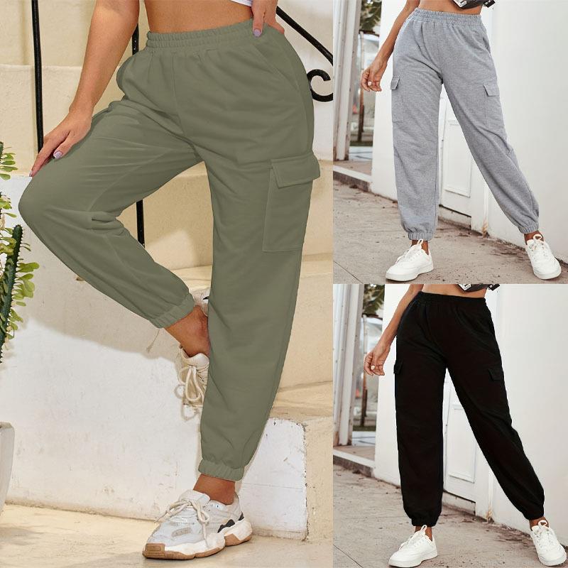 Women High Waist Cargo Joggers Solid Color Polyester Spandex Cuffed Workout Sweatpants With Flap Pockets Casual Sporty Outdoor Trousers