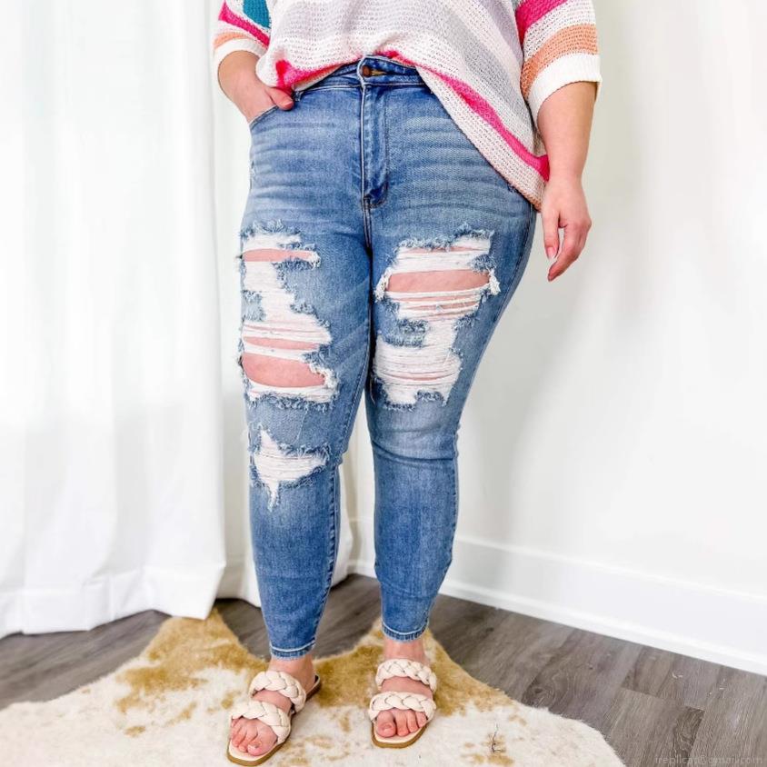 Women's Sexy Ripped Distressed Skinny Jeans Mid Waist Light Blue Washed Cotton Polyester Blend Denim Pencil Pants Streetwear Long Trousers