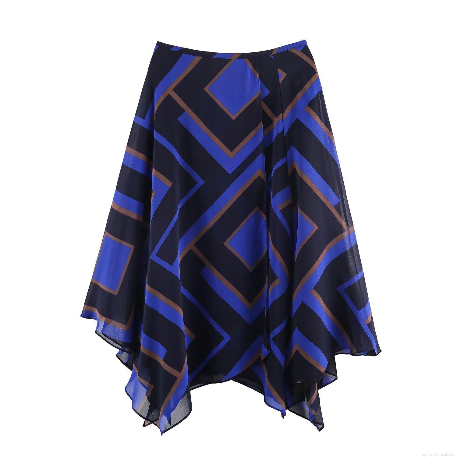 Women's Fashion Geometric Block Print Chiffon Midi Skirt Asymmetric Handkerchief Hem A-Line Skirt High Waisted Side Zipper Casual Retro Printed Skirts For Daily Wear Vacation Ladies Teenagers
