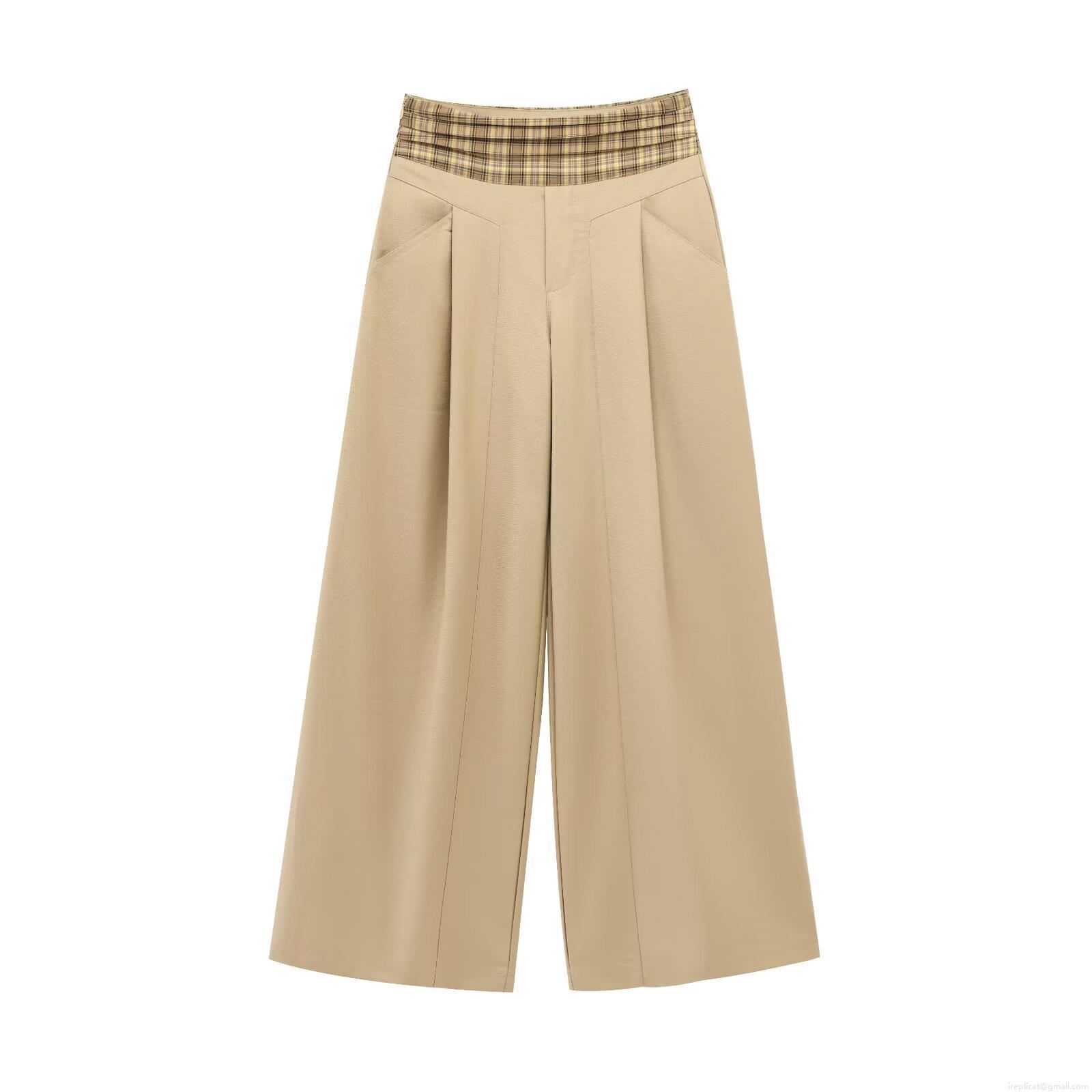 Women's Vintage Khaki Wide Leg Pants Plaid Patchwork High Waisted Cotton Blend Twill Trousers With Pockets Casual Loose Chic Streetwear Bottoms Women's Vintage Khaki Wide Leg Pants Plaid Patchwork High Waisted Cotton Blend Twill Trousers With Pockets Casual Loose Chic Streetwear Bottoms