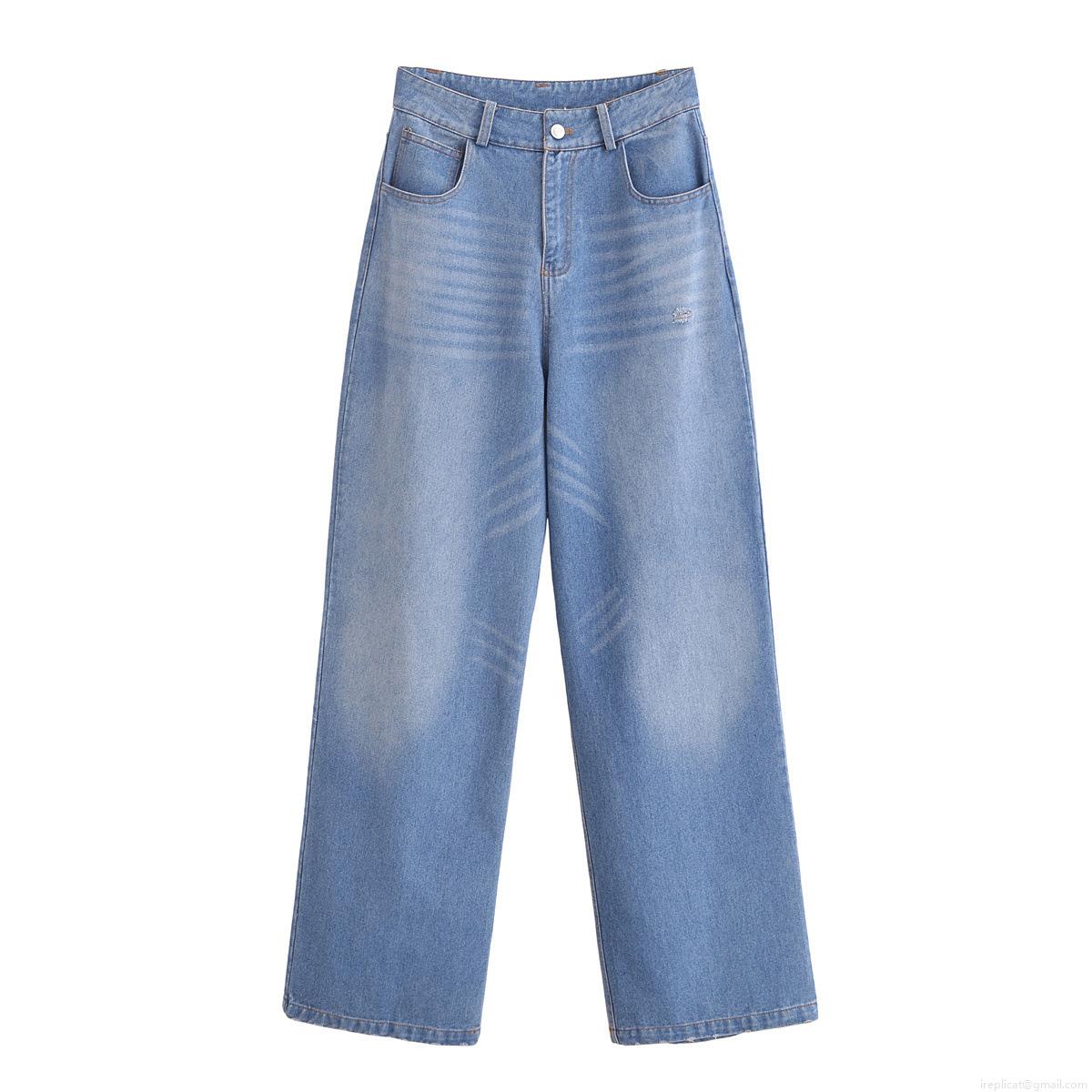 Fashion High Waist Wide Leg Denim Jeans For Women Summer Ripped Distressed Loose Straight Pants Light Blue Washed Cotton Blend Trousers Casual Style