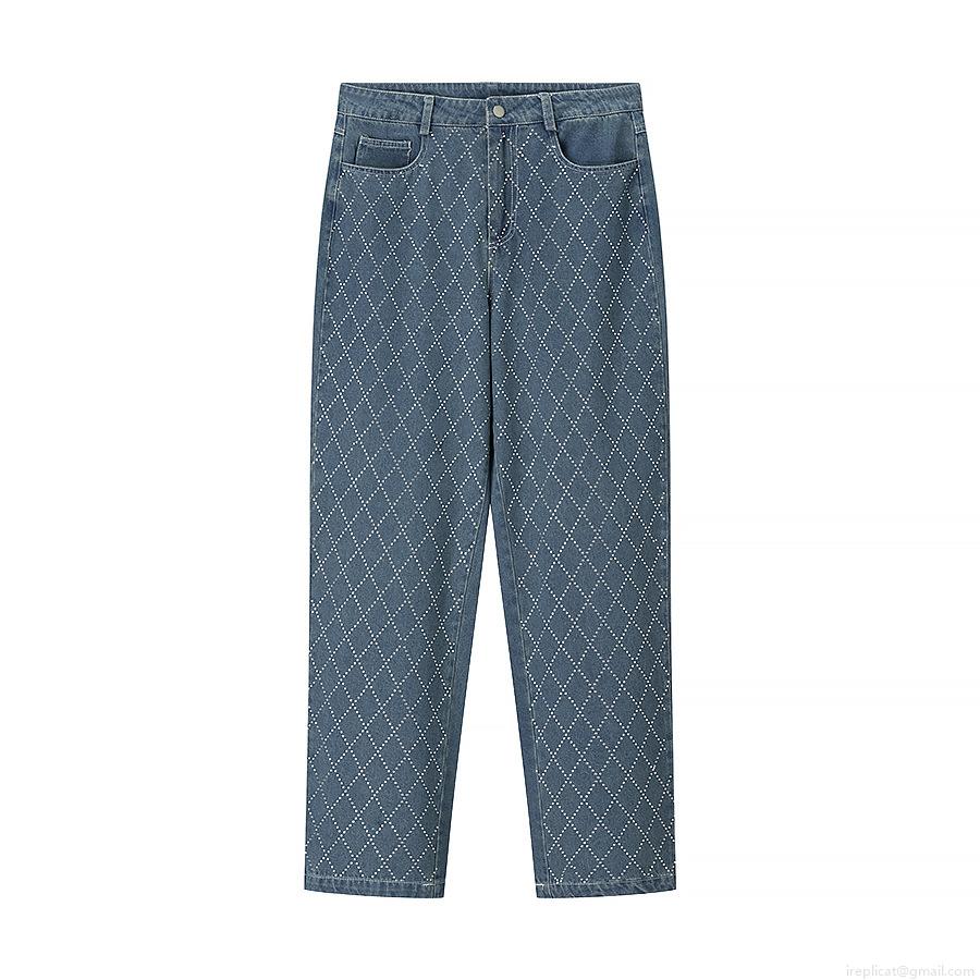 Women's Casual High Waist Straight Leg Jeans Rhinestone Diamond Grid Pattern Washed Polyester Spandex Denim Blue Long Pants Summer Fashion For Women