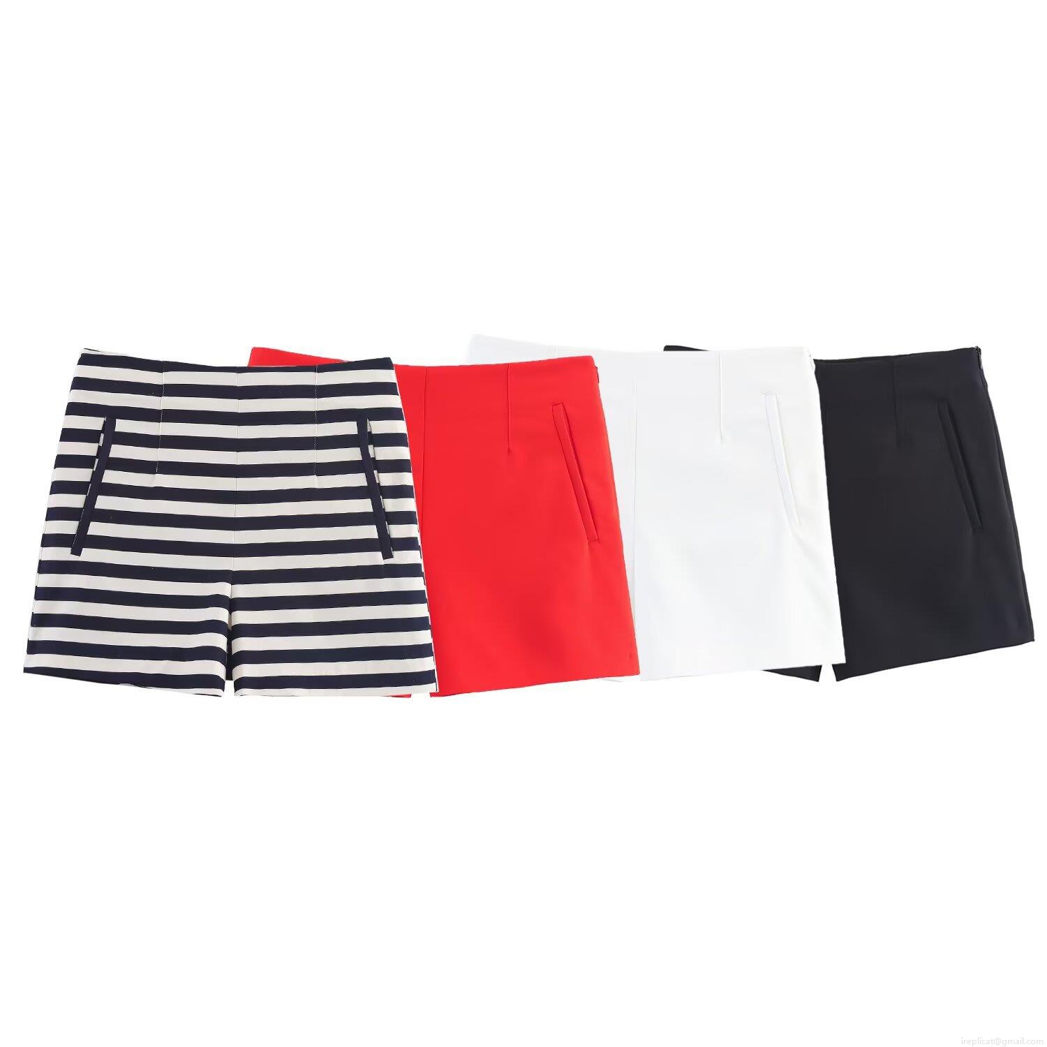 Women's High Waisted Casual Shorts Polyester Striped Solid Color Hot Pants for Summer Daily Vacation Fashionable Slim Fit Short Trousers with Pockets