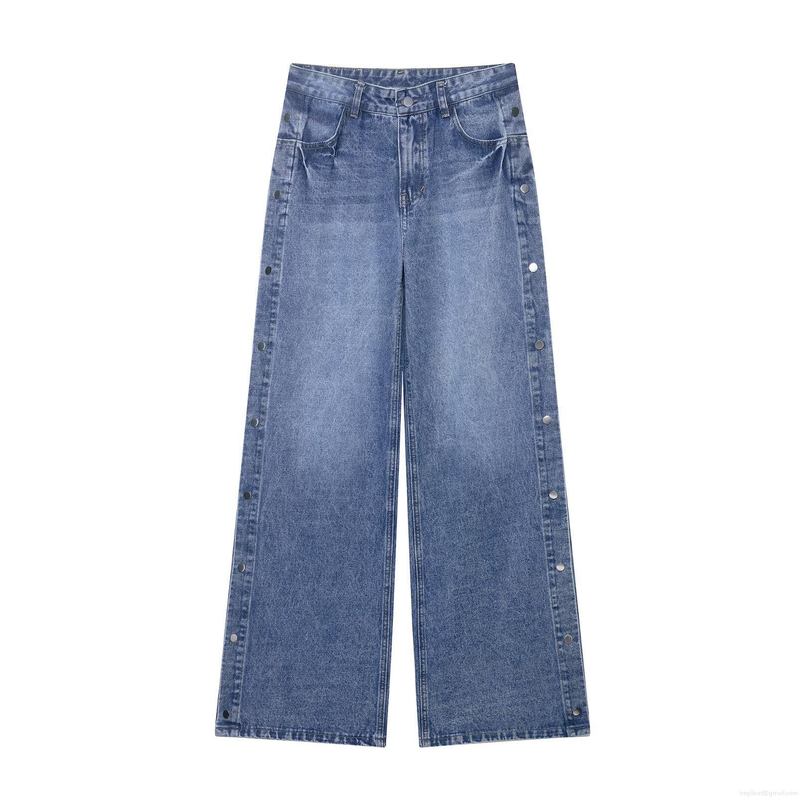 Women High Waist Wide Leg Jeans Side Button Detail Loose Straight Denim Trousers Casual Summer Fashion Blue Denim Pants For Women