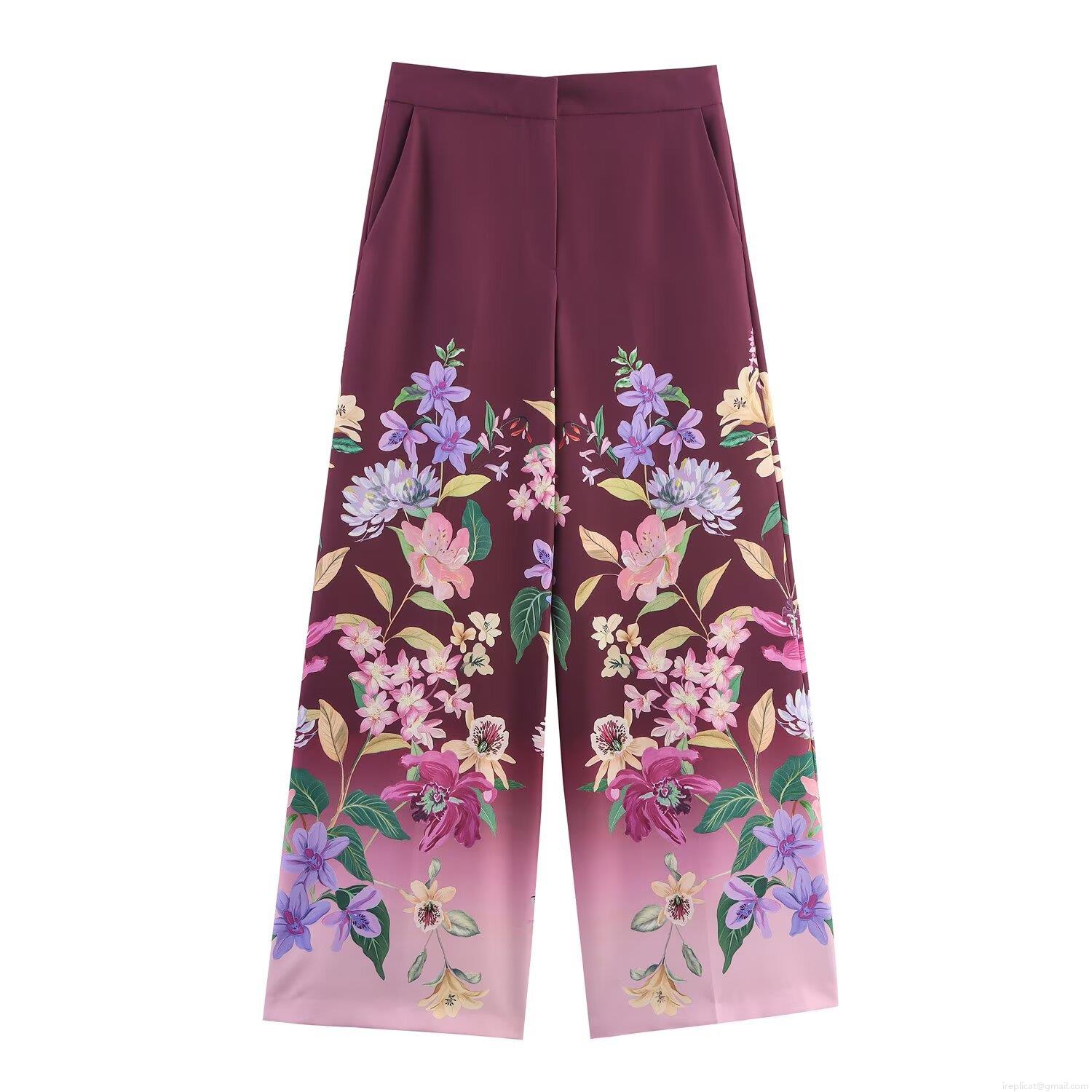 Women's Floral Print Gradient Wide Leg Pants High Waist Loose Casual Polyester Summer Trousers Elegant Fashion Trousers