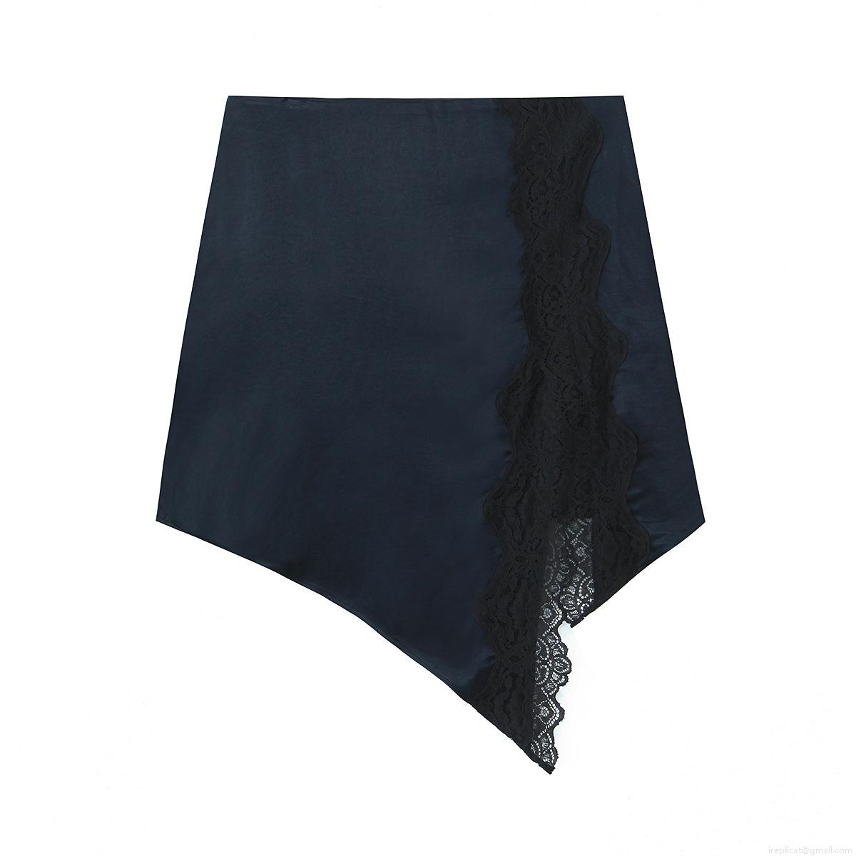 Women's Sexy Satin Mini Skirt With Lace Trim Patchwork Asymmetrical Hem Solid Navy Blue Street Style Short Skirt For Club Party Night Out