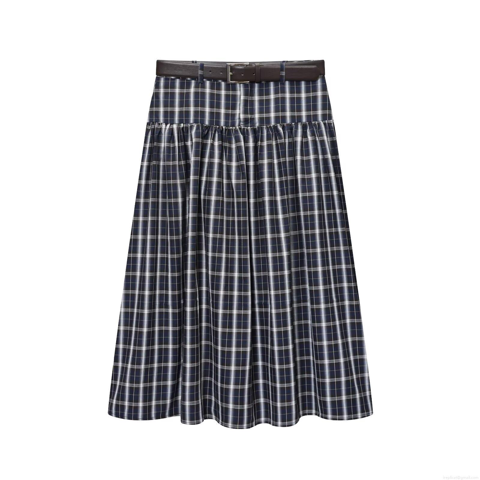 Women's Fashion Plaid Midi Skirt High Waist A-Line Pleated Skirt With Brown Faux Leather Belt Preppy Style Casual Cotton Blend Bottoms For Winter