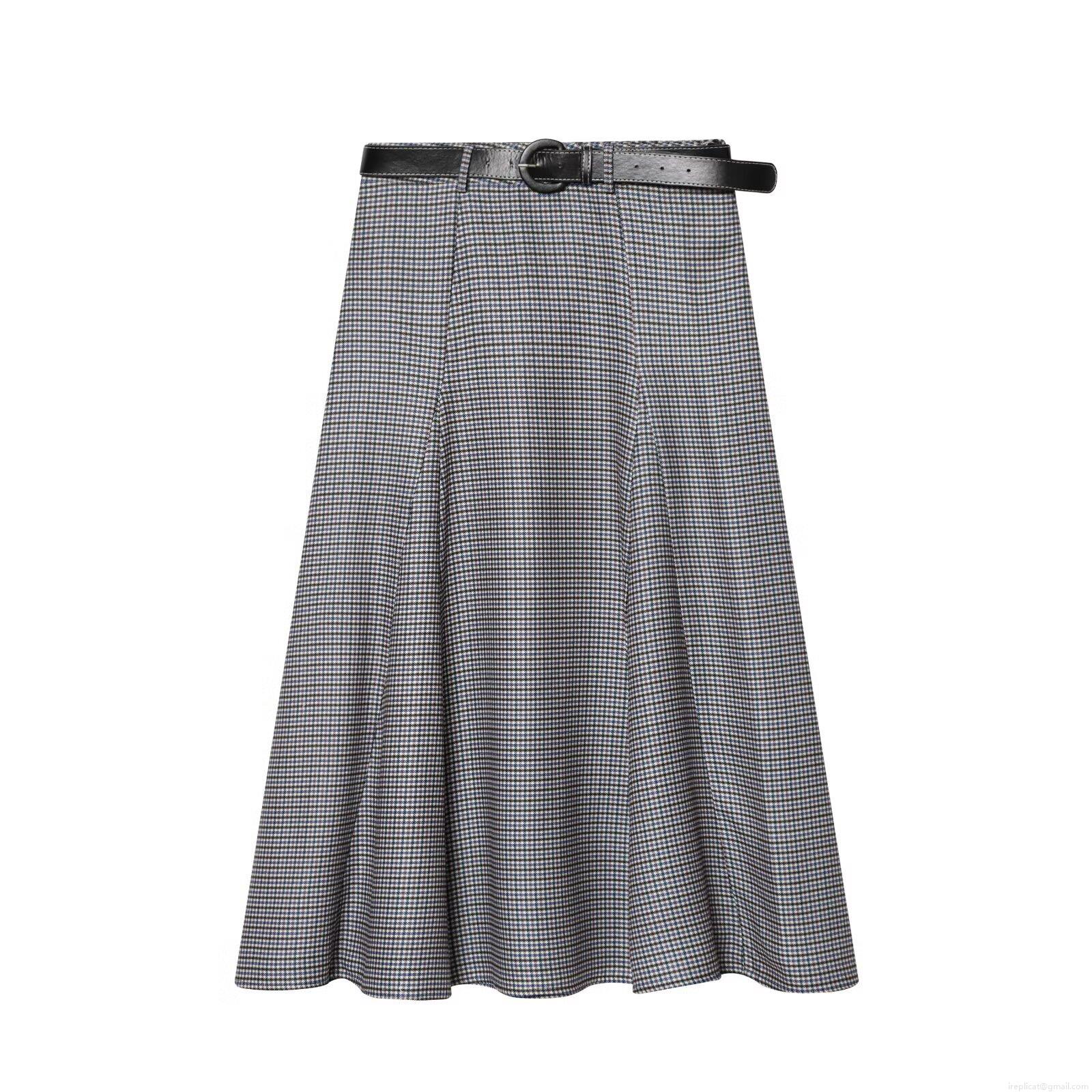 Women's Retro Houndstooth Plaid A-Line Midi Skirt with Black PU Leather Belt High Waist Twill Polyester Skirt for Daily Office Streetwear