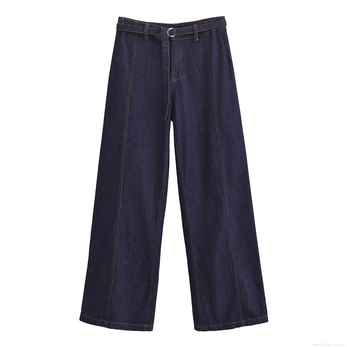 Women's High Waist Wide Leg Denim Jeans With Belt Contrast Stitching Vintage Straight Leg Pants Casual Streetwear Fashion Trousers For Women
