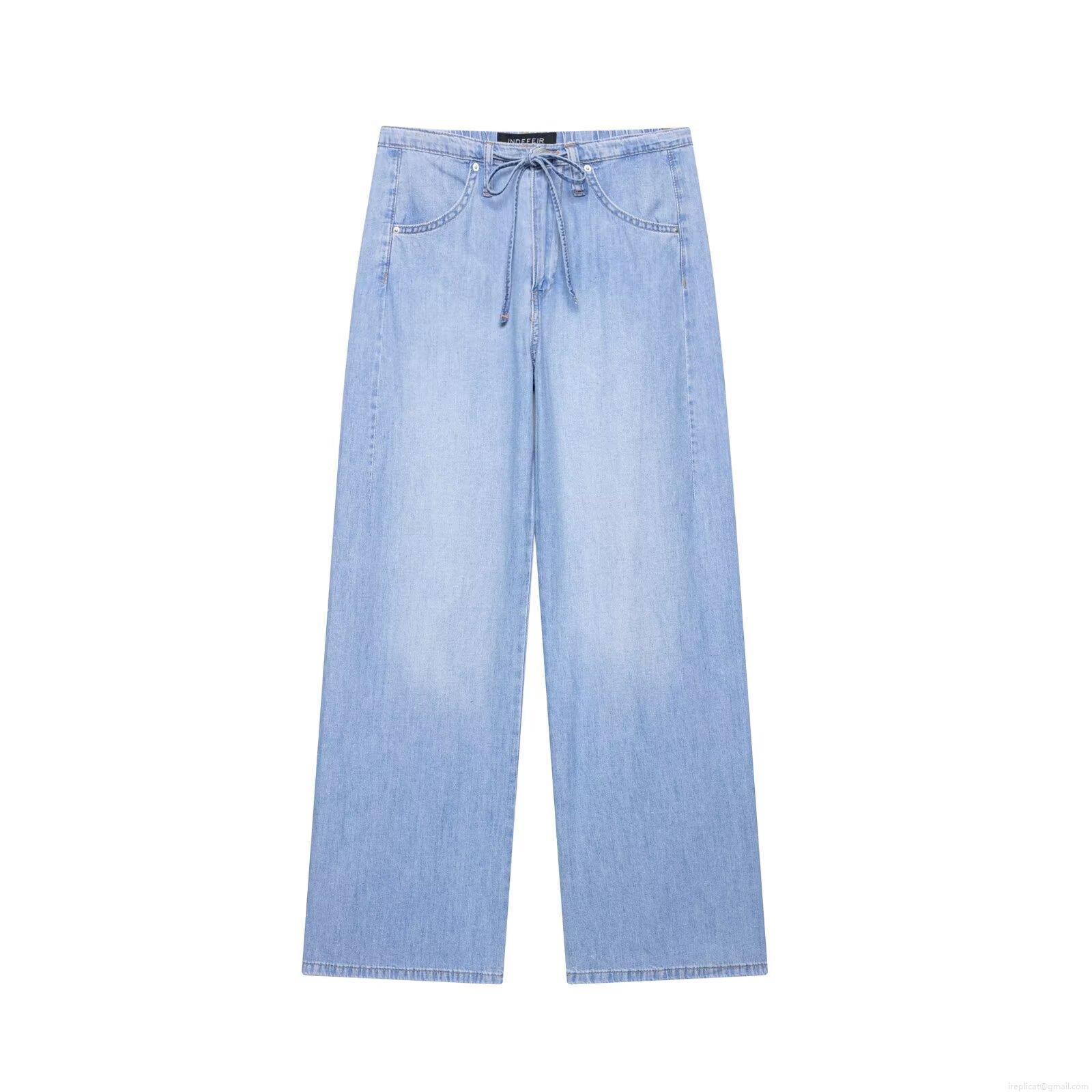 Women's High Waist Wide Leg Denim Jeans Loose Drawstring Elastic Waist Washed Cotton Retro Straight Pants For Women Streetwear Casual Blue