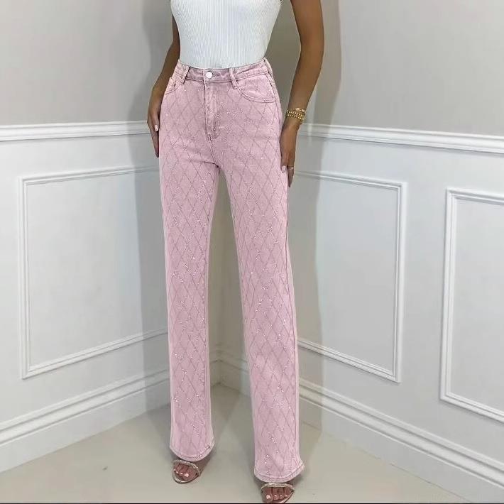 Women Fashion Pink High Waist Straight Leg Jeans With Rhinestone Diamond Grid Pattern Casual Denim Long Pants For Party Streetwear Lady