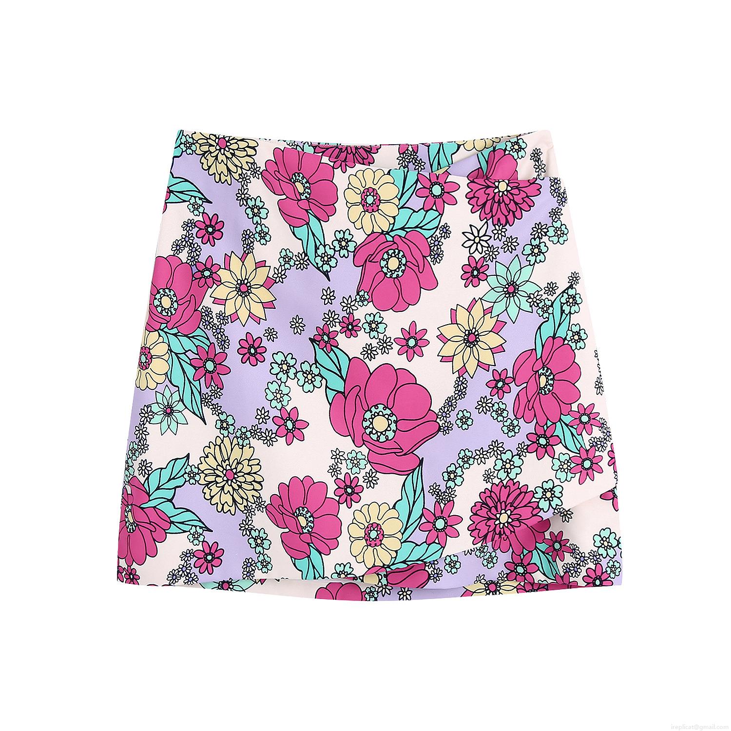 Women's Sexy Floral Print Mini Skirt High Waist 100% Polyester Asymmetric Bodycon Short Skirt Summer Streetwear Fashion Club Party Outfit