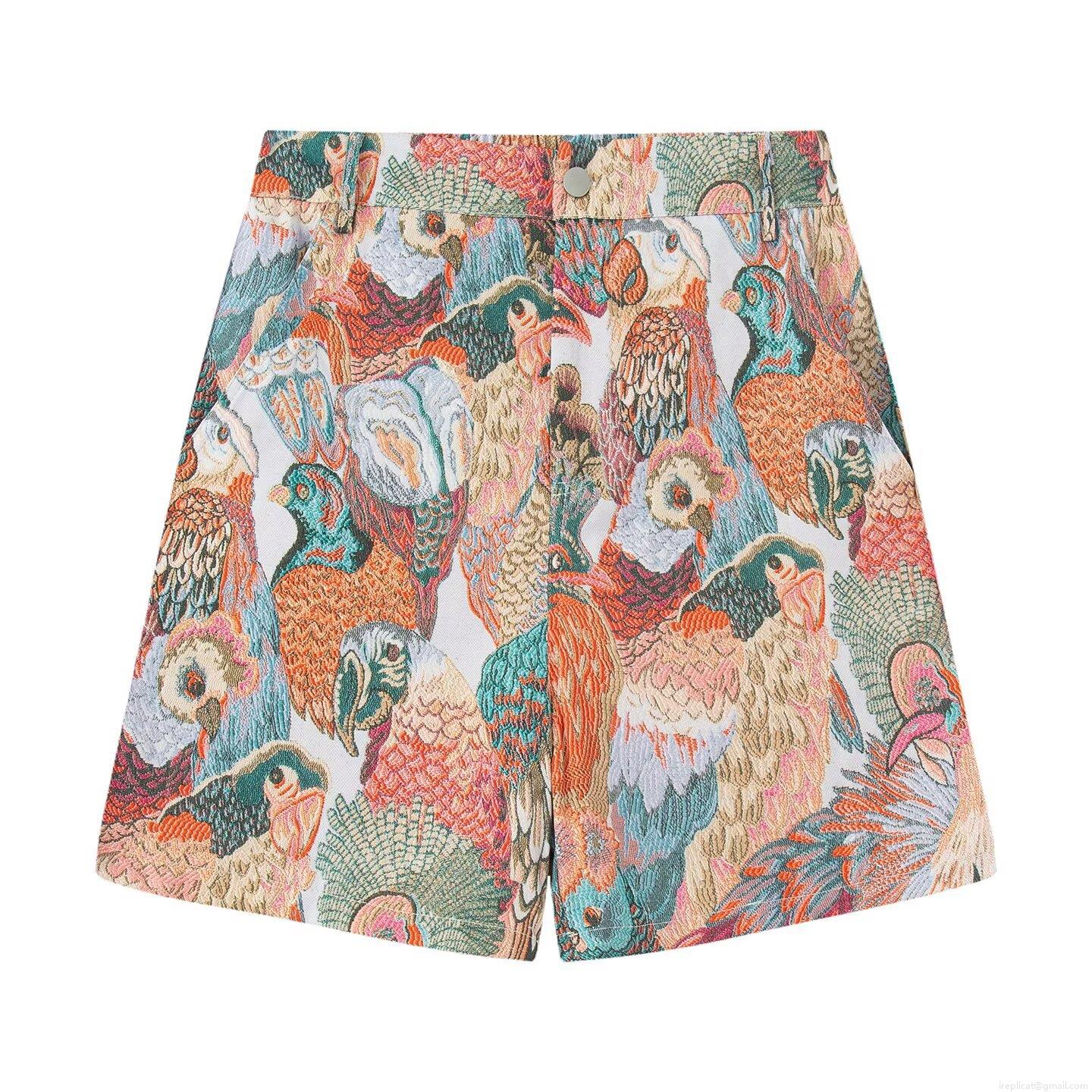 Women Jacquard Bird Print Shorts High Waist Colorful Embroidery Wide Leg Casual Hot Pants for Summer Vacation Sweet Style