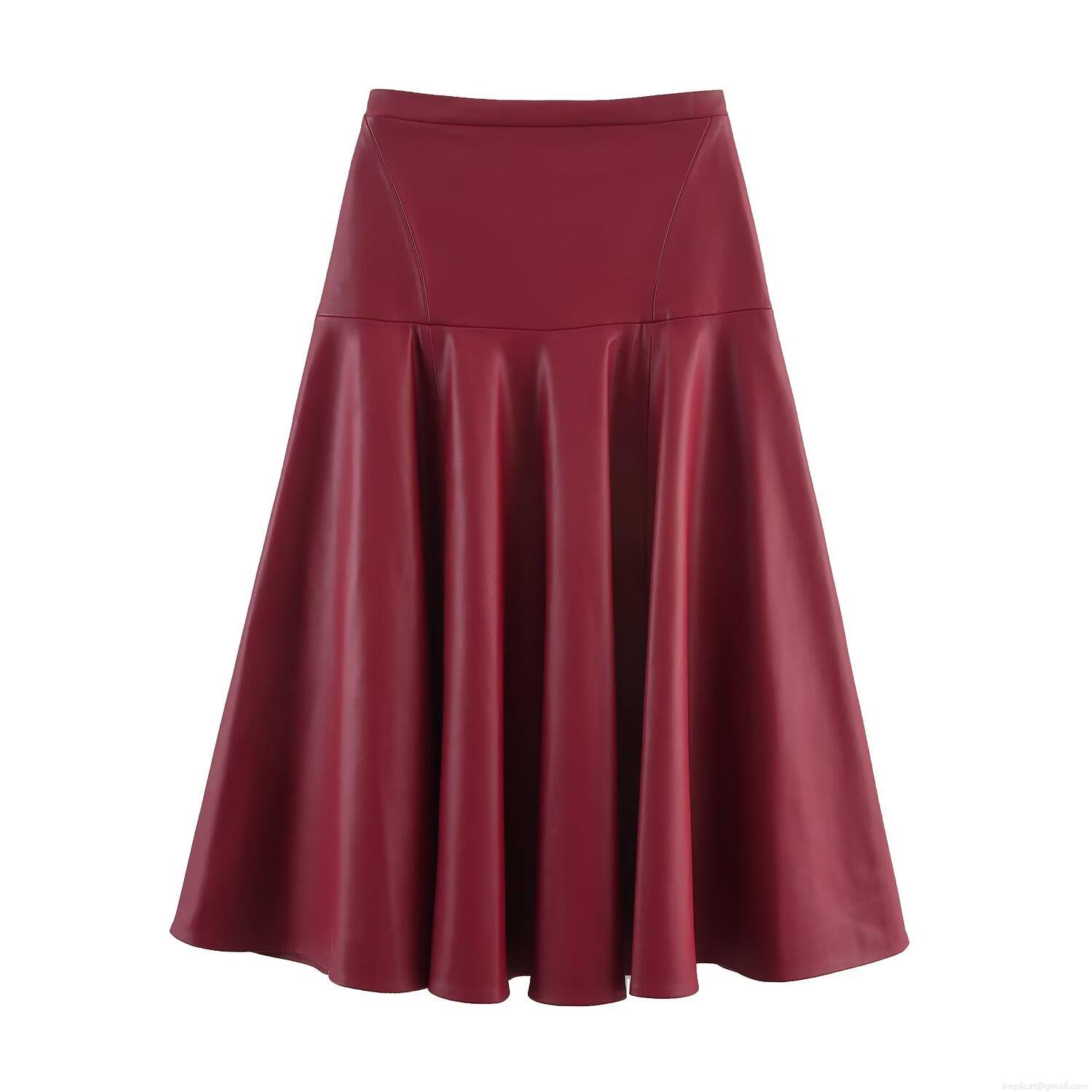 Women's Faux Leather Pleated Midi Skirt High Waist A-Line Solid Color PU Leather Skirt For Office Streetwear Ladies Casual Elegant Bottoms