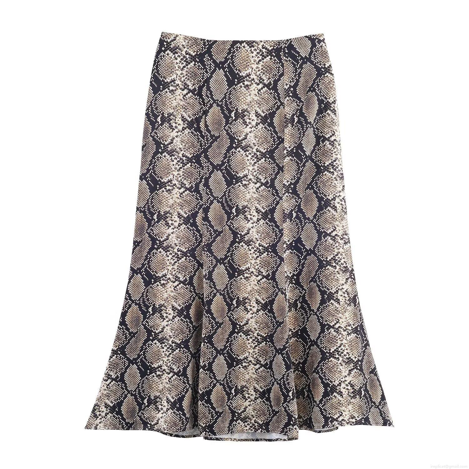 Women Fashion Snake Print Satin Midi Skirt High Waist A-Line Silky Polyester Skirt For Casual Party Office Chic Streetwear Ladies