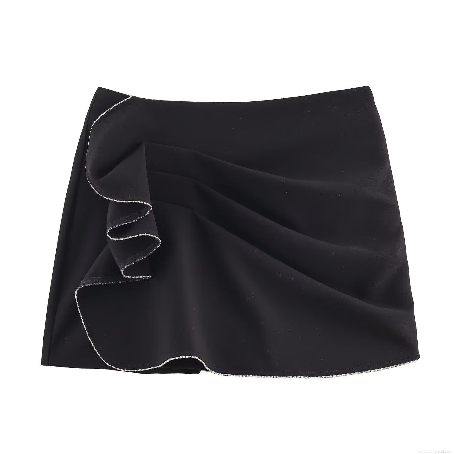 Sexy Black Ruched Skorts For Women With Rhinestone Beaded Trim High Waisted Mini Skirt Shorts For Party Night Out Clubwear Streetwear Chic Polyester Skorts