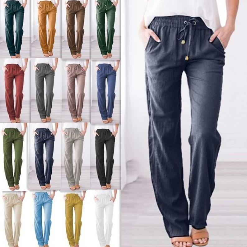 Women's Wide Leg Pants Cotton Linen Blend Drawstring Elastic High Waist Casual Trousers Loose Fit Straight Pants with Pockets Comfortable Streetwear Beach Trousers