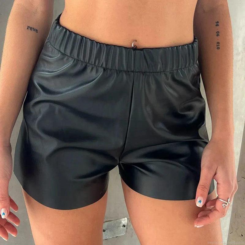 Women PU Leather Shorts High Waist Elastic Waistband Solid Color Casual Streetwear Mini Hot Pants Summer Fashion Polyester Bottoms Slim Fit Street Style