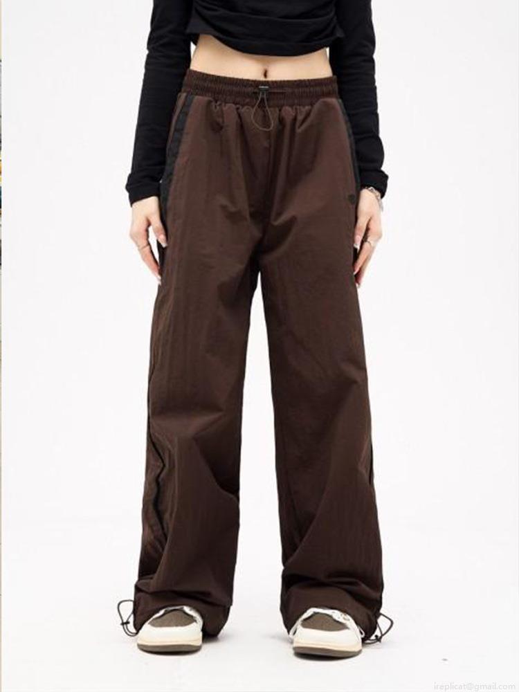 Women High Waist Wide Leg Sports Pants Loose Contrast Side Stripe Drawstring Casual Streetwear Trousers For Sports Outdoor Daily