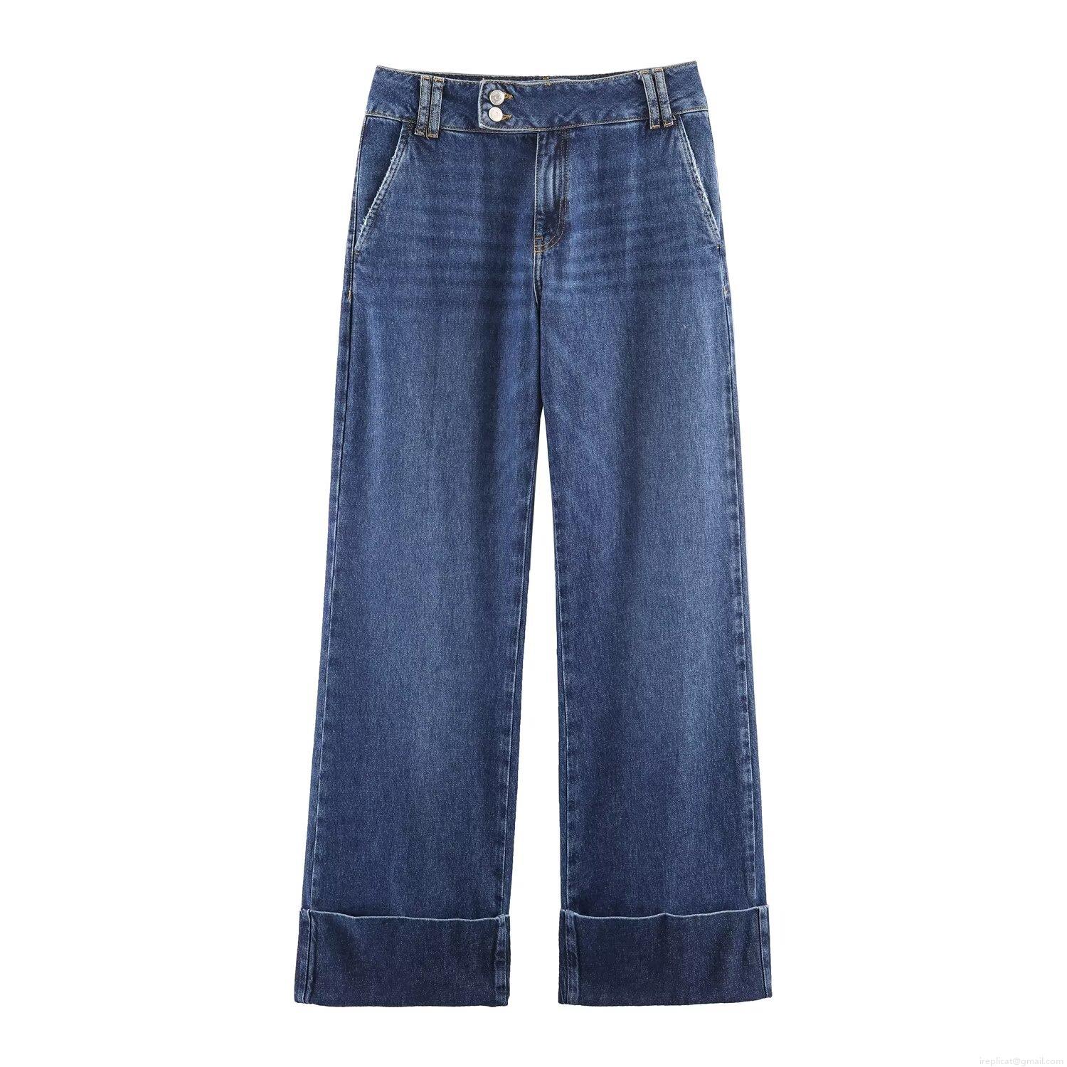 Women Low Waist Cuffed Hem Straight Leg Denim Jeans Blue Fashion Wide Leg Trousers Spring Summer Casual Streetwear Long Denim Pants