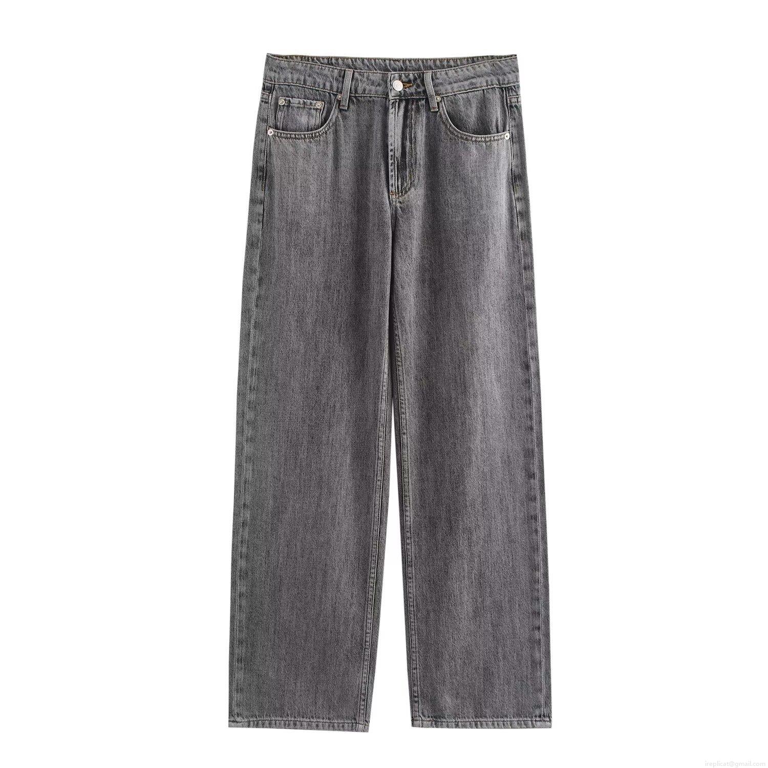 Women's Vintage Washed Gray Wide Leg Denim Jeans Mid Waist Polyester Fabric Streetwear Style Long Pants with 5 Pockets for Women Fashion