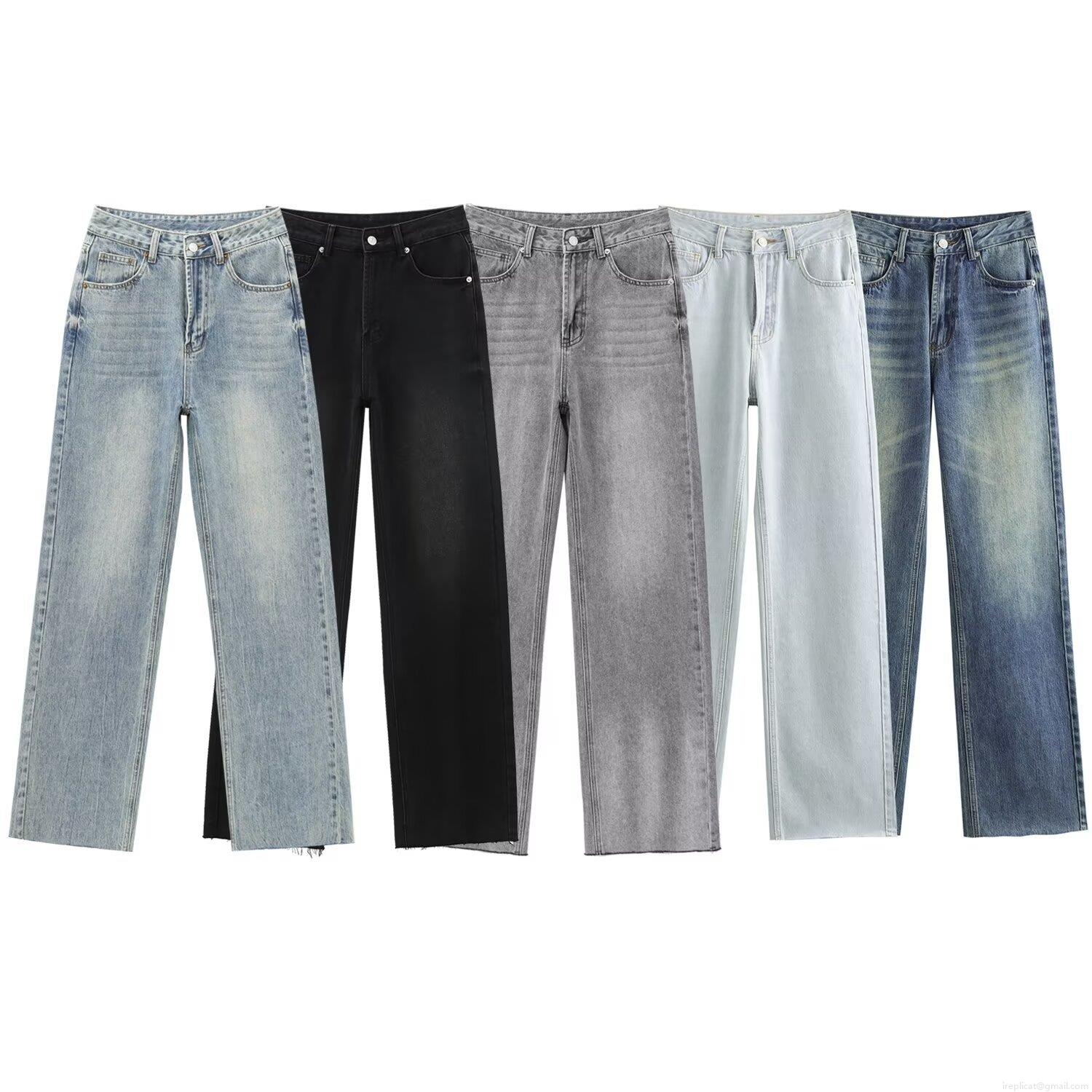 Women's Fashion High Waist Wide Leg Denim Jeans Vintage Washed Straight Trousers With Raw Hem Zipper Decor Casual Streetwear Long Pants