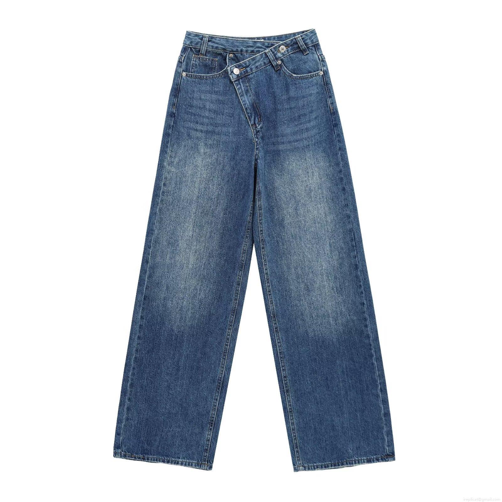Women's Asymmetric High Waisted Wide Leg Jeans Vintage Wash Double Button Fly Denim Pants Casual Streetwear Straight Trousers For Women