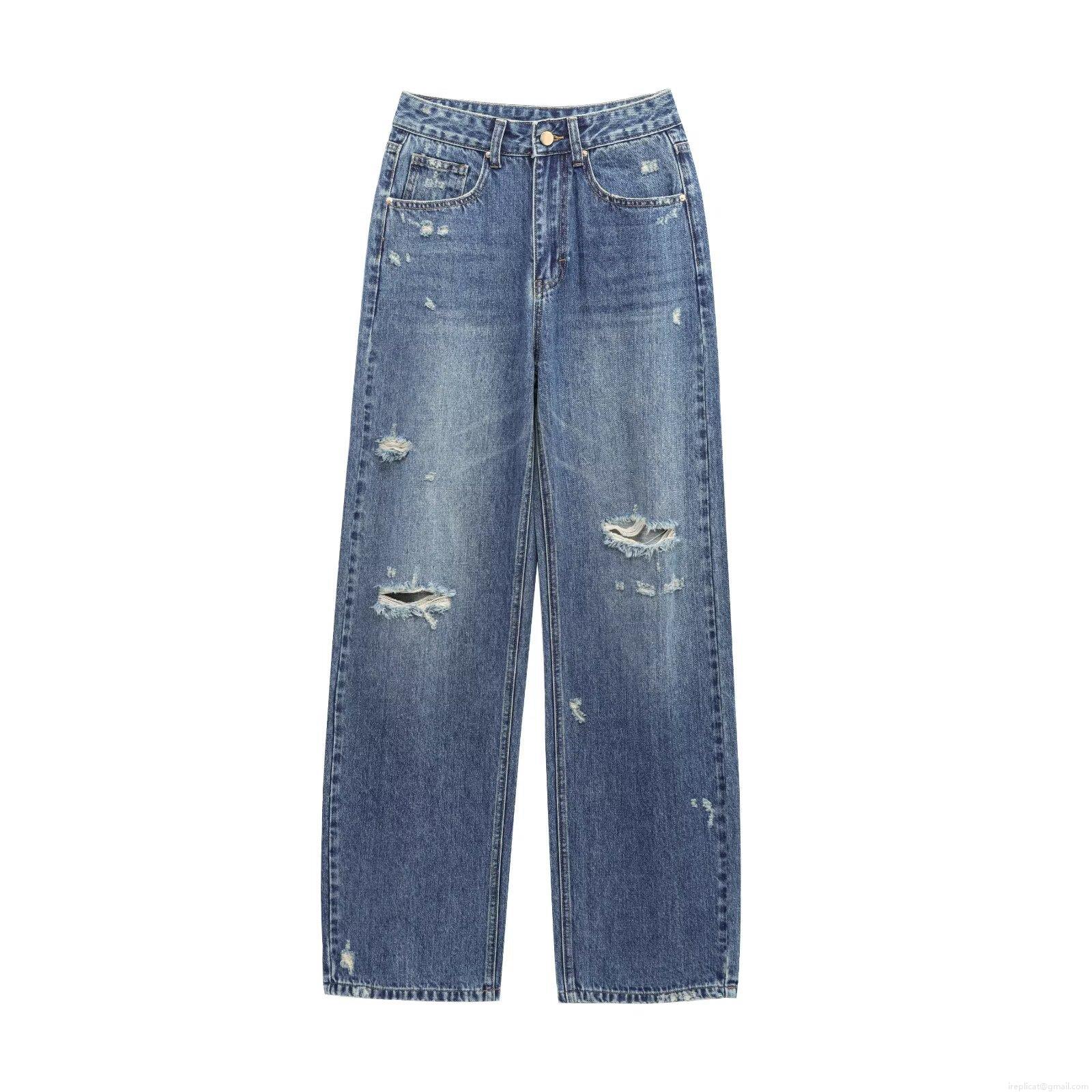 Women's Fashion High Waist Distressed Straight Leg Jeans 2025 Spring Casual Washed Denim Pants Loose Barrel Streetwear Trousers