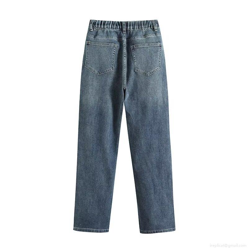 Women's Retro Straight Leg Denim Jeans With Elastic Waist Vintage Deep Blue High Street Casual Loose Fit Daily Denim Trousers For Women