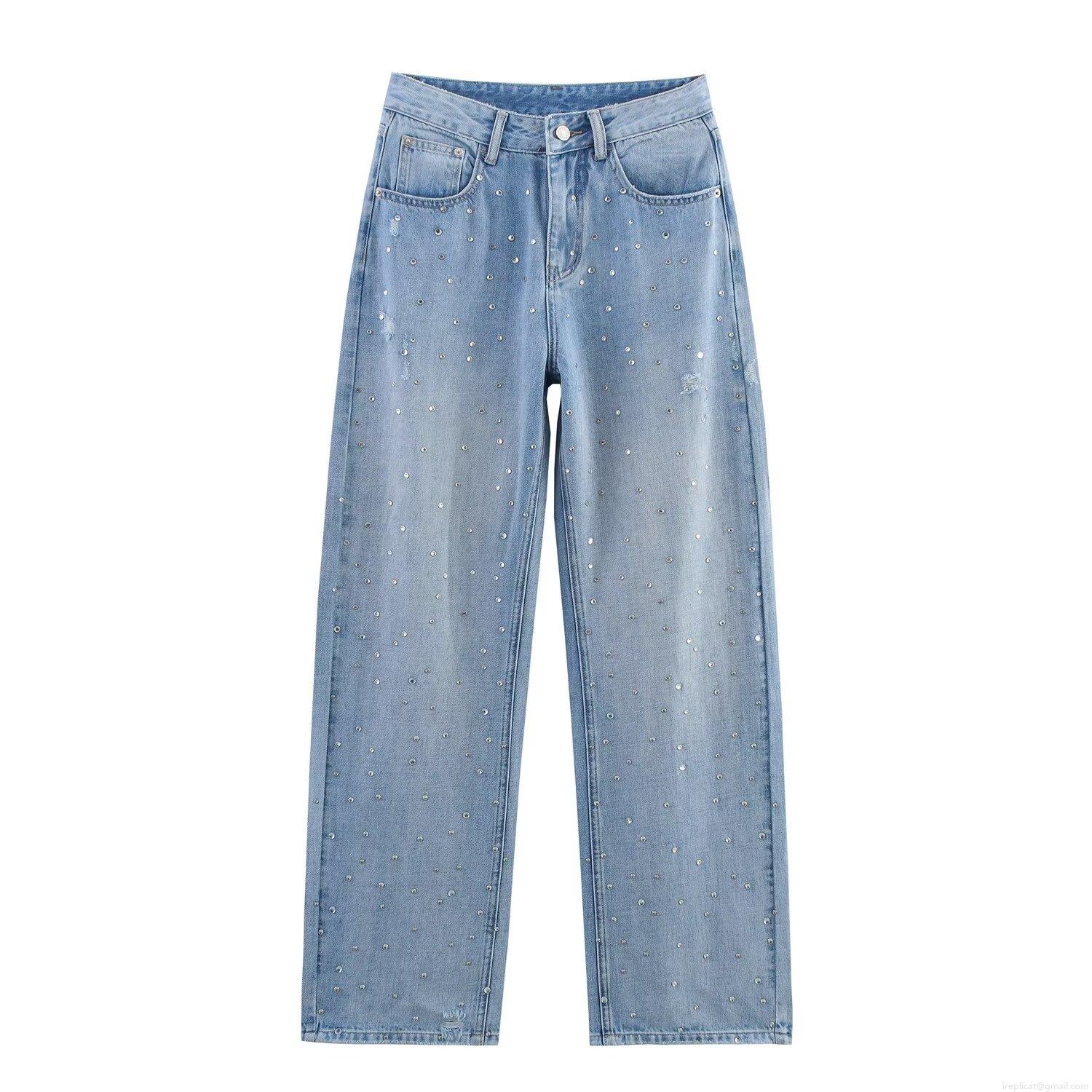 Women's High Waist Rhinestone Studded Straight Leg Jeans Distressed Light Blue Denim Pants Casual Loose Streetwear Trousers
