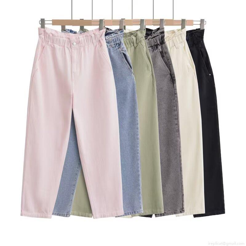 Women's High Waist Paperbag Denim Pants Loose Fit Straight Leg Cotton Blend Solid Color Washed Casual Streetwear Jeans For Women