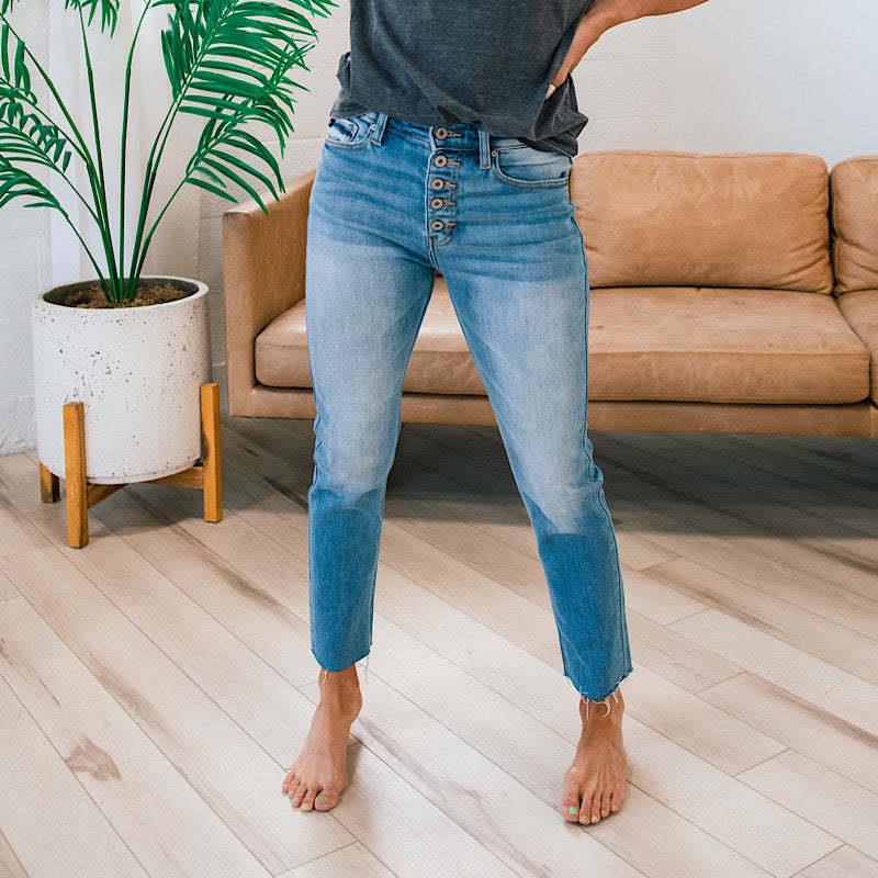Women's Straight Leg Jeans High Waist Polyester Blend Denim Pants Five Button Fly Raw Hem Washed Casual Trousers for Women Daily Wear Versatile Blue Jeans Bottoms