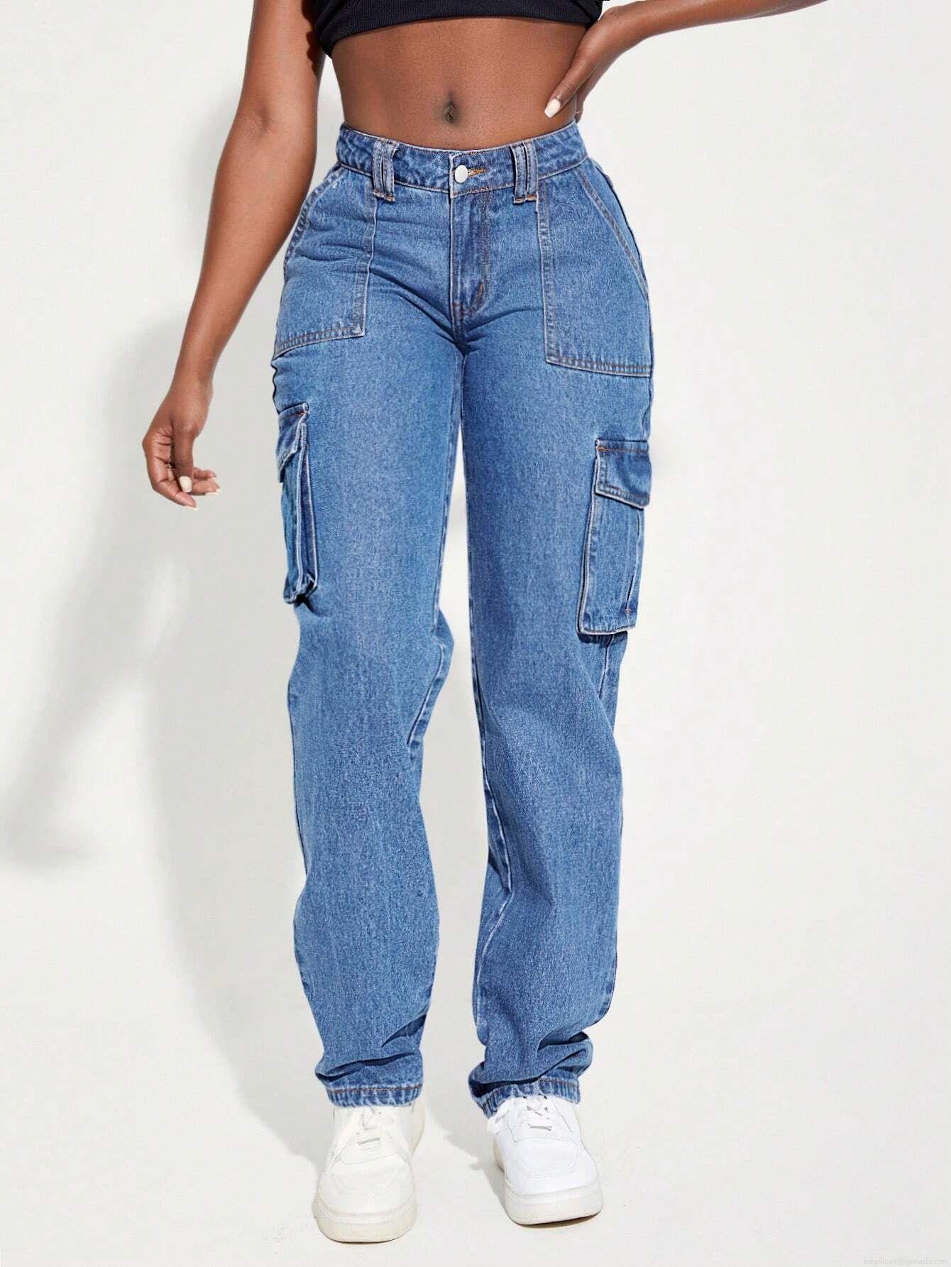 Women's American Retro High Waist Cargo Jeans Multi-pocket Straight Leg Denim Pants Streetwear Washed Blue Baggy Cotton Blend Trouser