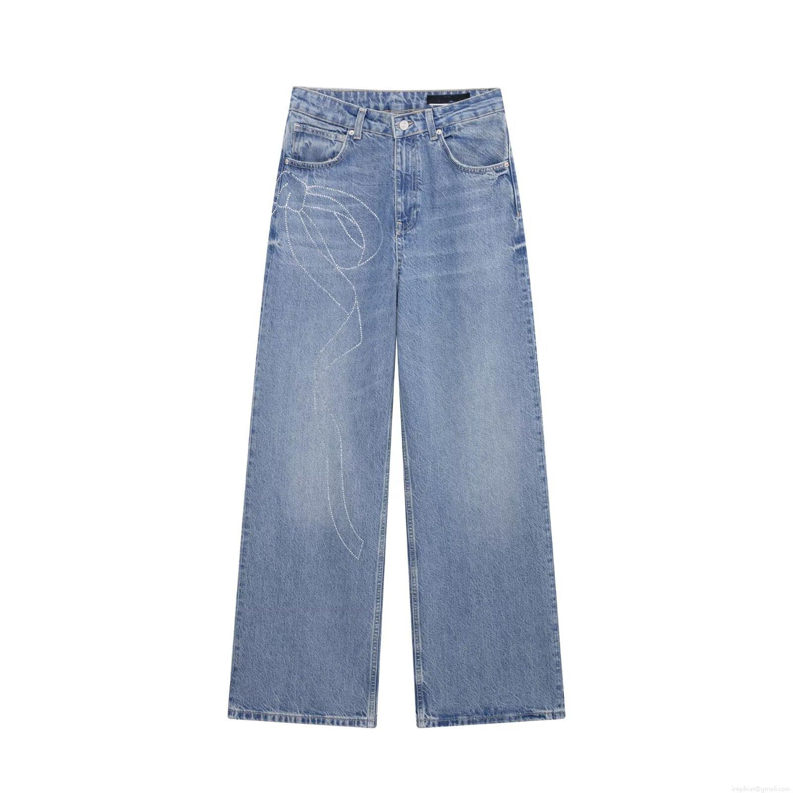 Women's High Waist Wide Leg Denim Jeans With Sparkly Rhinestone Bow Pattern Casual Straight Leg Washed Blue Cotton Blend Pants