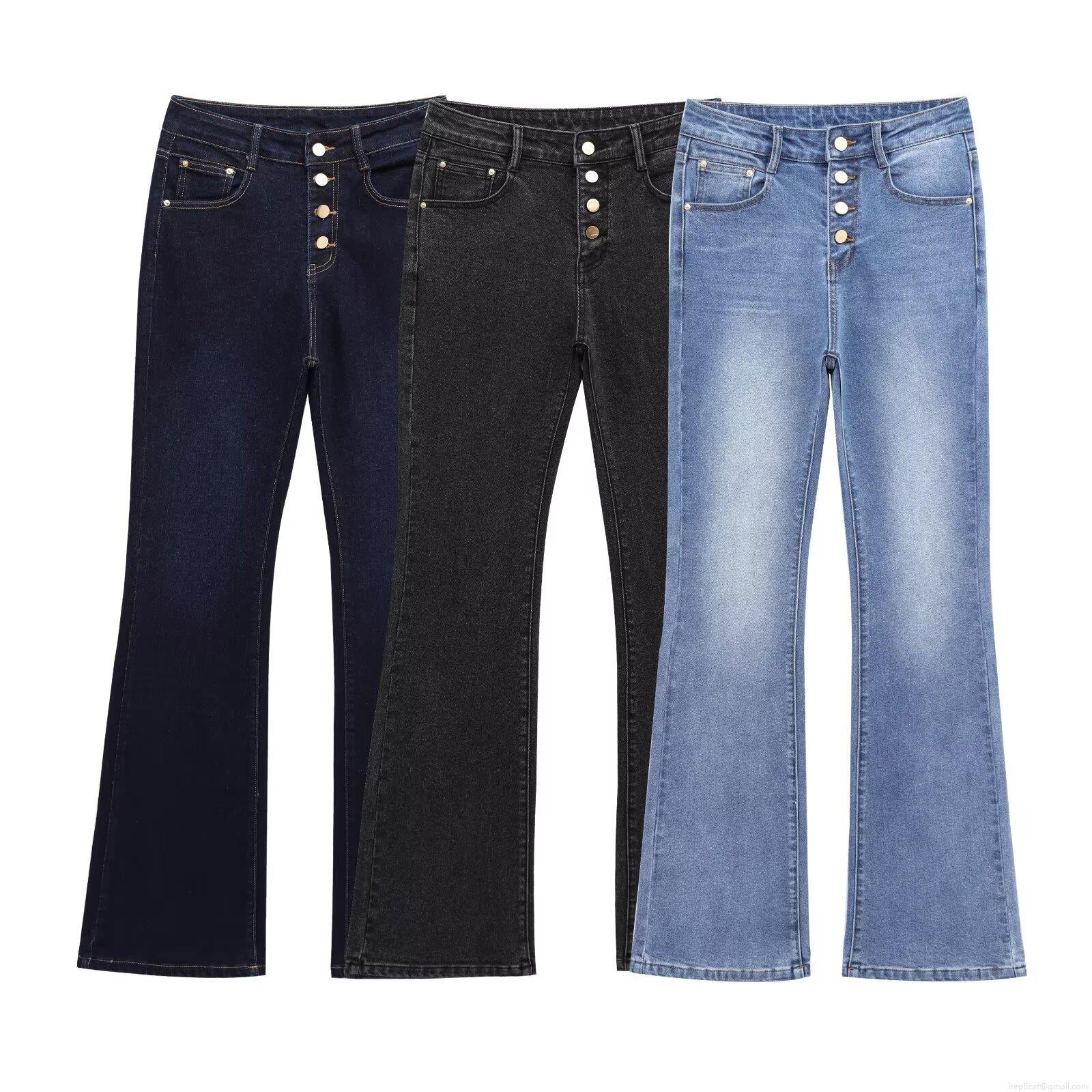 Women High Waist Flare Jeans Cotton Blend Multi Button Fly Washed Denim Long Pants For Casual Daily Wear Retro Slim Fit Trouser