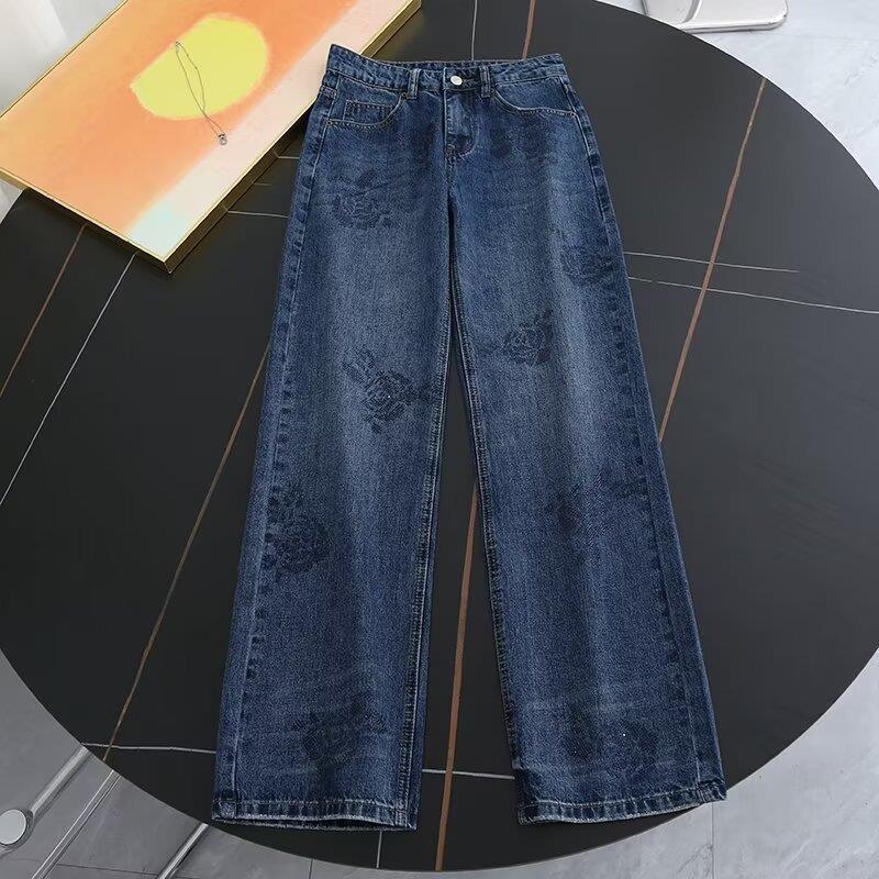 Women's Wide Leg Jeans Retro Rose Dark Pattern Rhinestone Cotton Denim Pants Casual Mid Waist Straight Long Trousers For Spring Summer Women's Wide Leg Jeans Retro Rose Dark Pattern Rhinestone Cotton Denim Pants Casual Mid Waist Straight Long Trousers For Spring Summer
