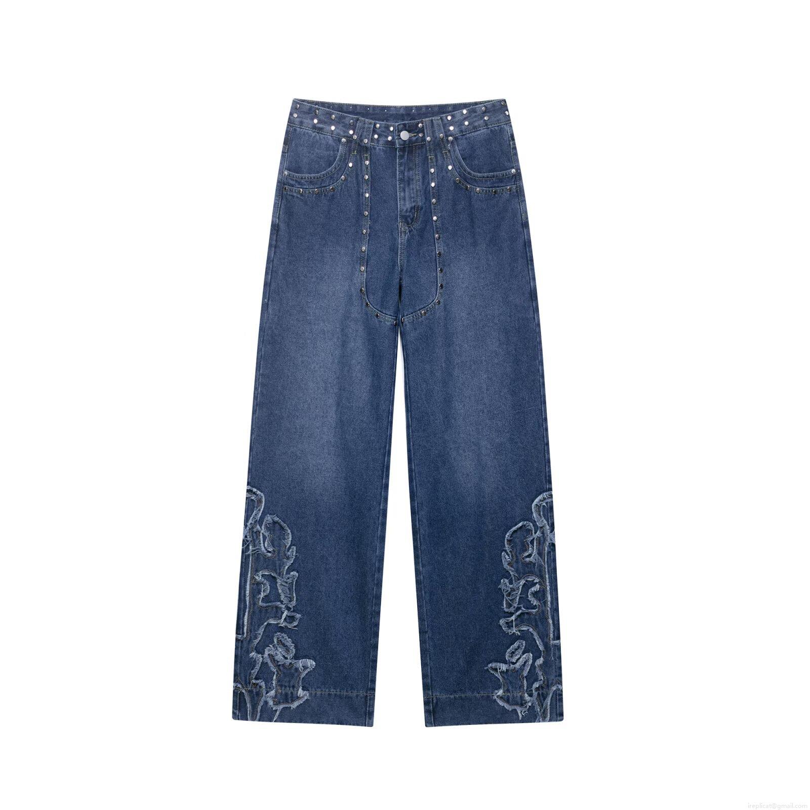 Women's Riveted Embroidered Wide Leg Jeans Low Waist Loose Straight Fit Denim Texture With Flame Star Patchwork Silver Studs Retro Y2K Streetwear Fashion Pants