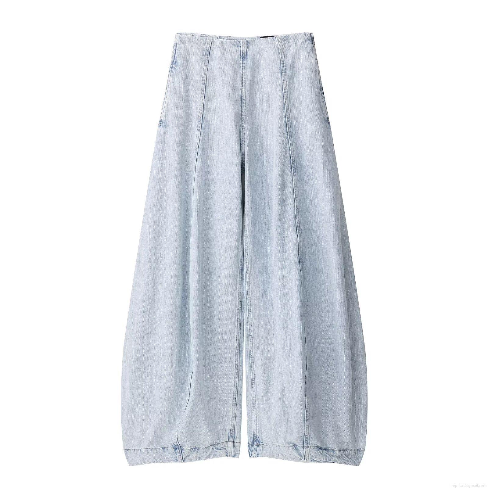 Women's High Waisted Wide Leg Denim Jeans Light Blue Washed Balloon Fit Trousers With Side Zipper Casual Loose Cotton Blend Denim Pants