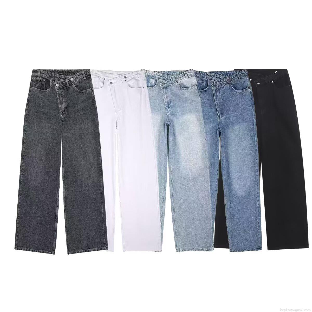 Women's High Waist Wide Leg Jeans Fashion Asymmetrical Cross Over Button Washed Cotton Denim Straight Loose Fit Casual Trousers for Women