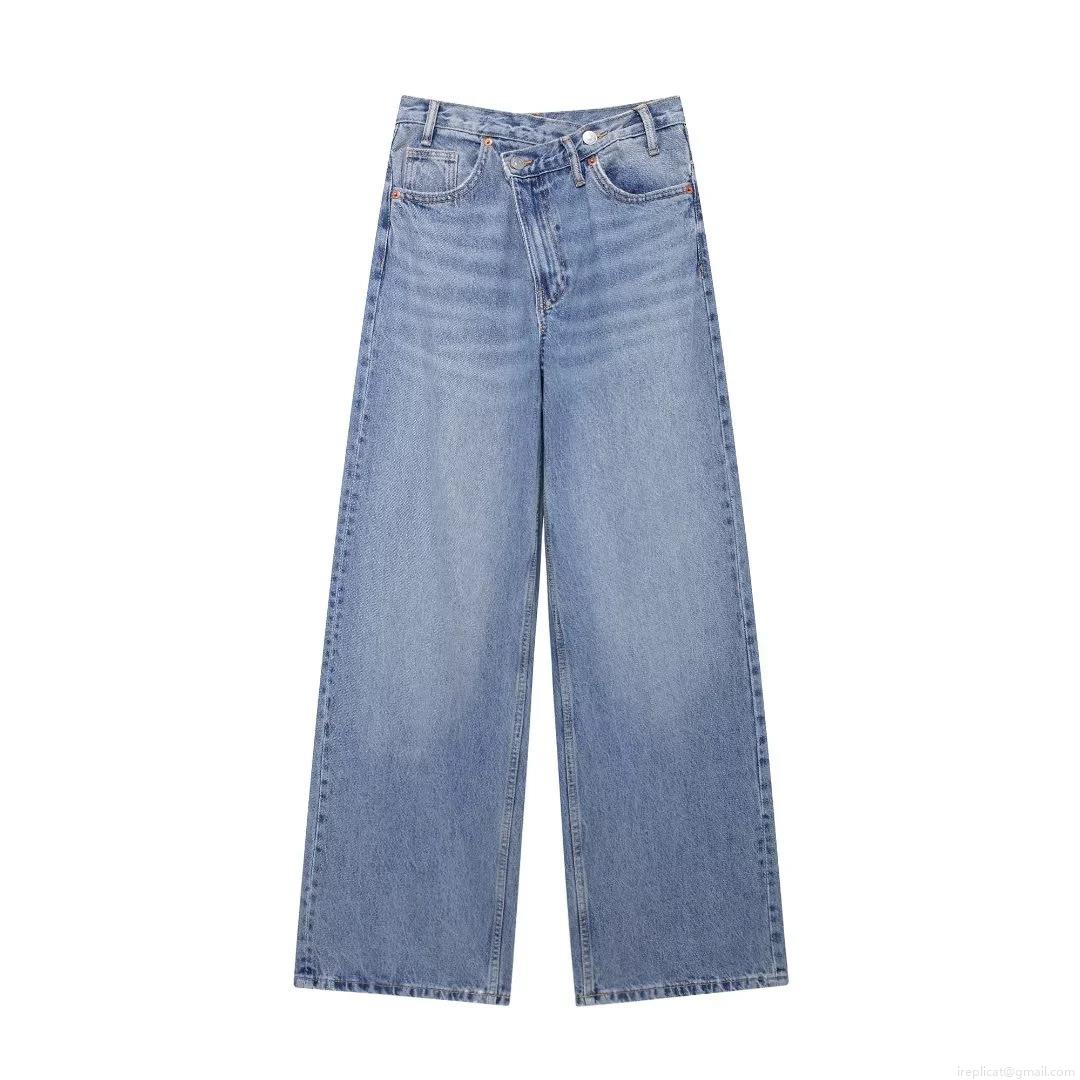 Women's High Waist Asymmetric Criss-Cross Button Denim Jeans Wide Leg Loose Straight Washed Casual Cotton Blend Long Pants Fashion Streetwear Lady