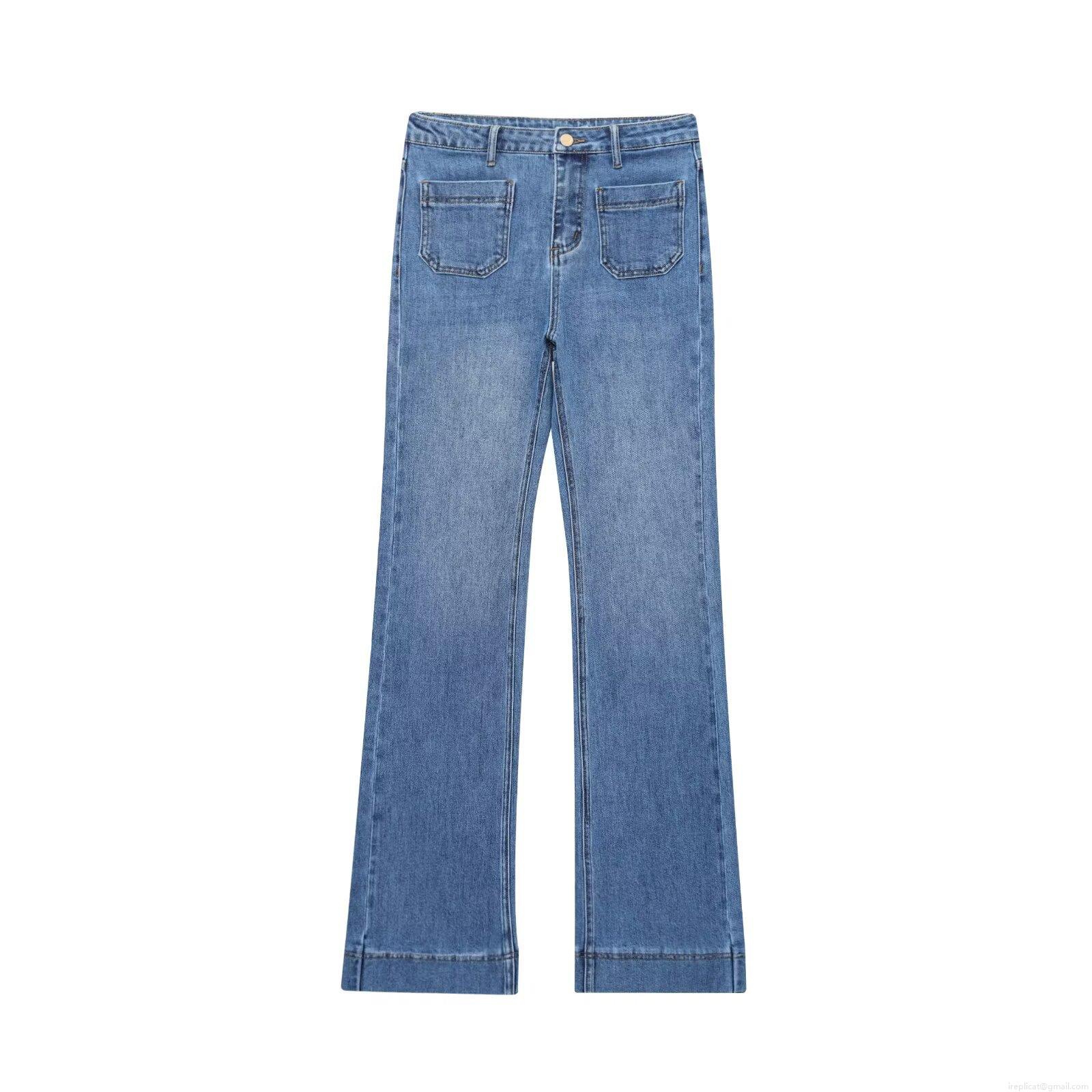 Women High Waist Straight Leg Jeans Vintage Washed Denim Pants With Large Pockets Casual Slim Fit Long Trousers For Women Retro Style Streetwear