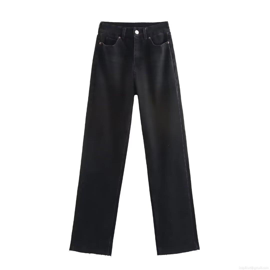 Women High Waisted Straight Leg Jeans Washed Denim Cotton Frayed Hem Raw Edge Loose Fit Five Pockets Vintage Versatile Casual Long Pants Women's Clothing