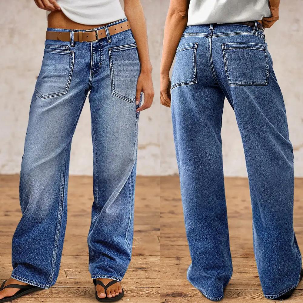 Women High Waisted Wide Leg Jeans American Vintage Faded Gradient Denim Pants Retro Loose Baggy Streetwear Cotton Blend Straight Leg Trousers With Pockets