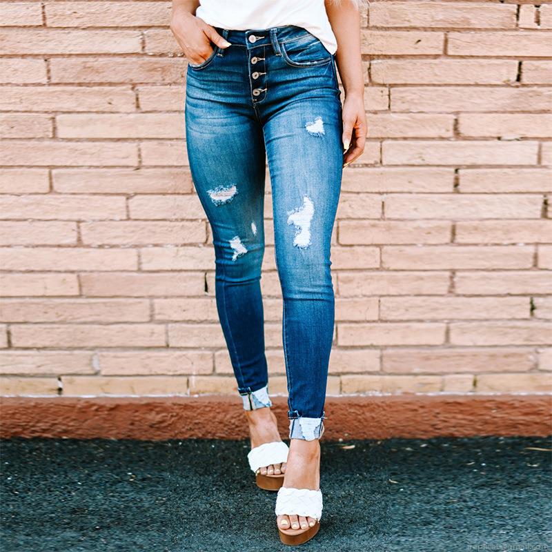 Women's High Waist Ripped Skinny Jeans Cotton Polyester Blend Denim Multi-Button Distressed Washed Pencil Pants Slim Fit Streetwear Casual Long Trousers